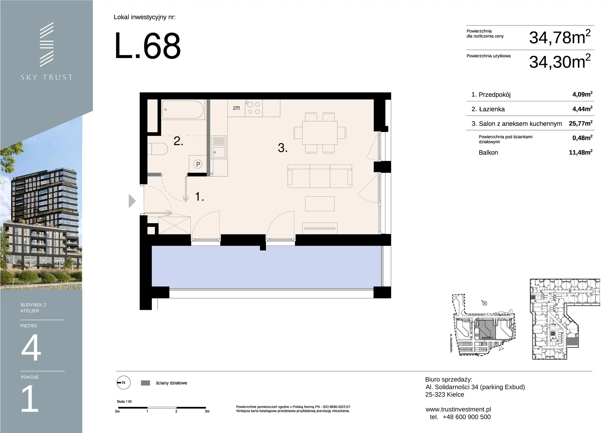 Lokal inwestycyjny 34,78 m², piętro 4, oferta nr L68, Sky Trust II - lokale inwestycyjne, Kielce, Bocianek, al. Solidarności / ul. Świętokrzyska