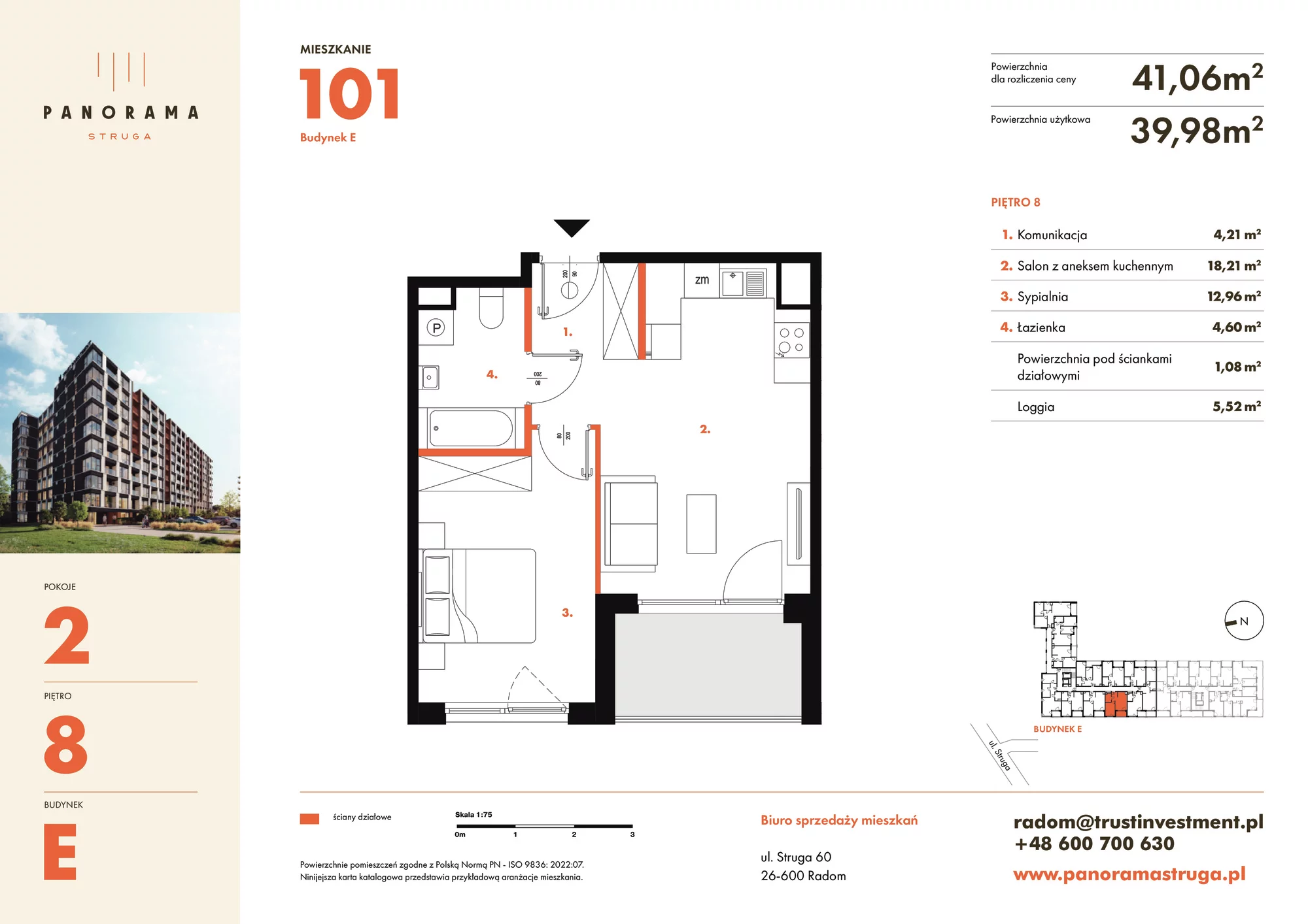 Mieszkanie 41,06 m², piętro 8, oferta nr E101, Panorama Struga, Radom, Śródmieście, ul. Andrzeja Struga 60