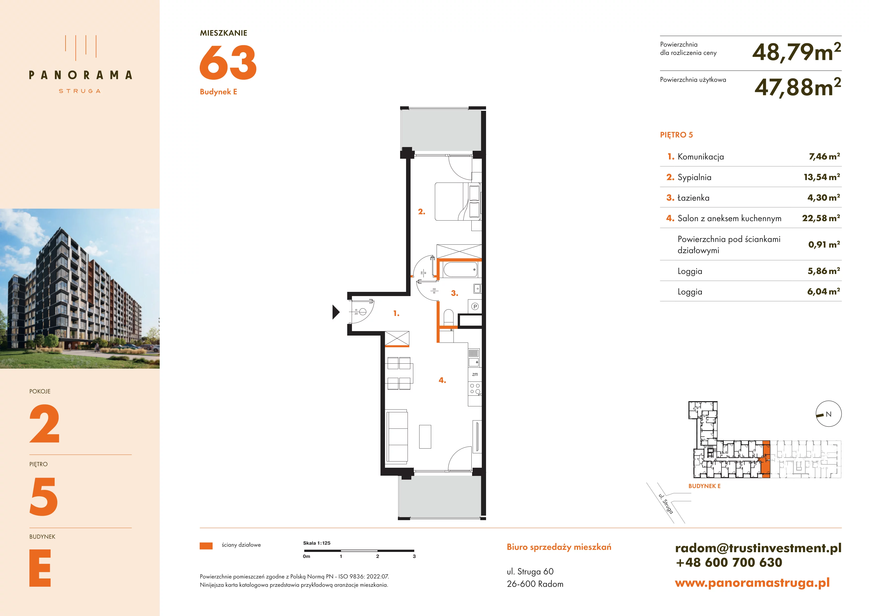 2 pokoje, mieszkanie 48,79 m², piętro 5, oferta nr E63, Panorama Struga, Radom, Śródmieście, ul. Andrzeja Struga 60