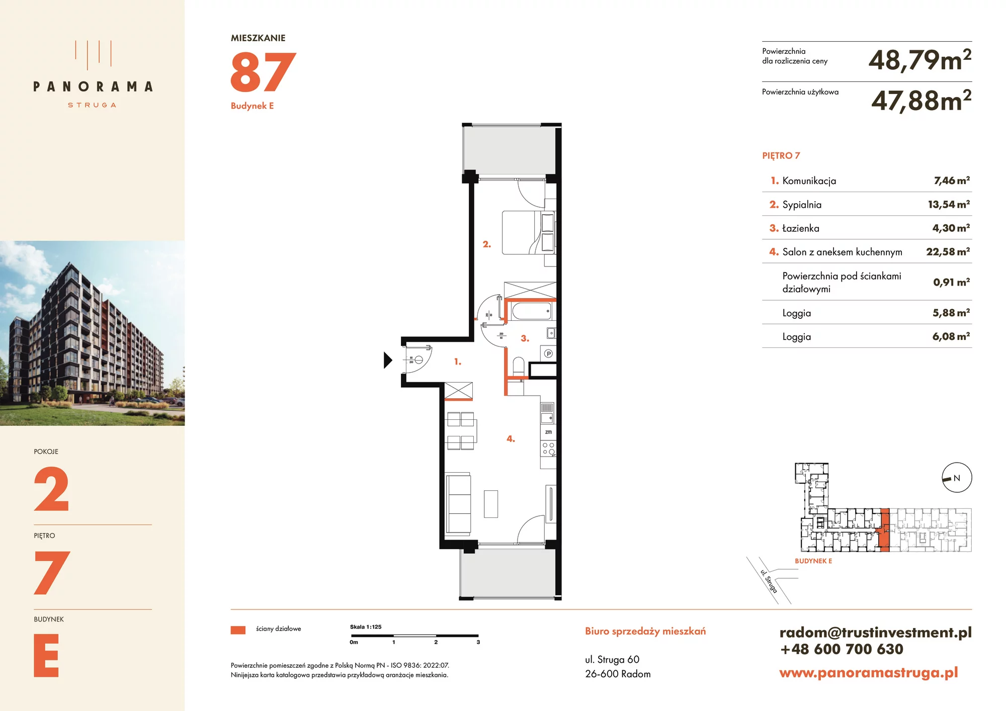 Mieszkanie 48,79 m², piętro 7, oferta nr E87, Panorama Struga, Radom, Śródmieście, ul. Andrzeja Struga 60