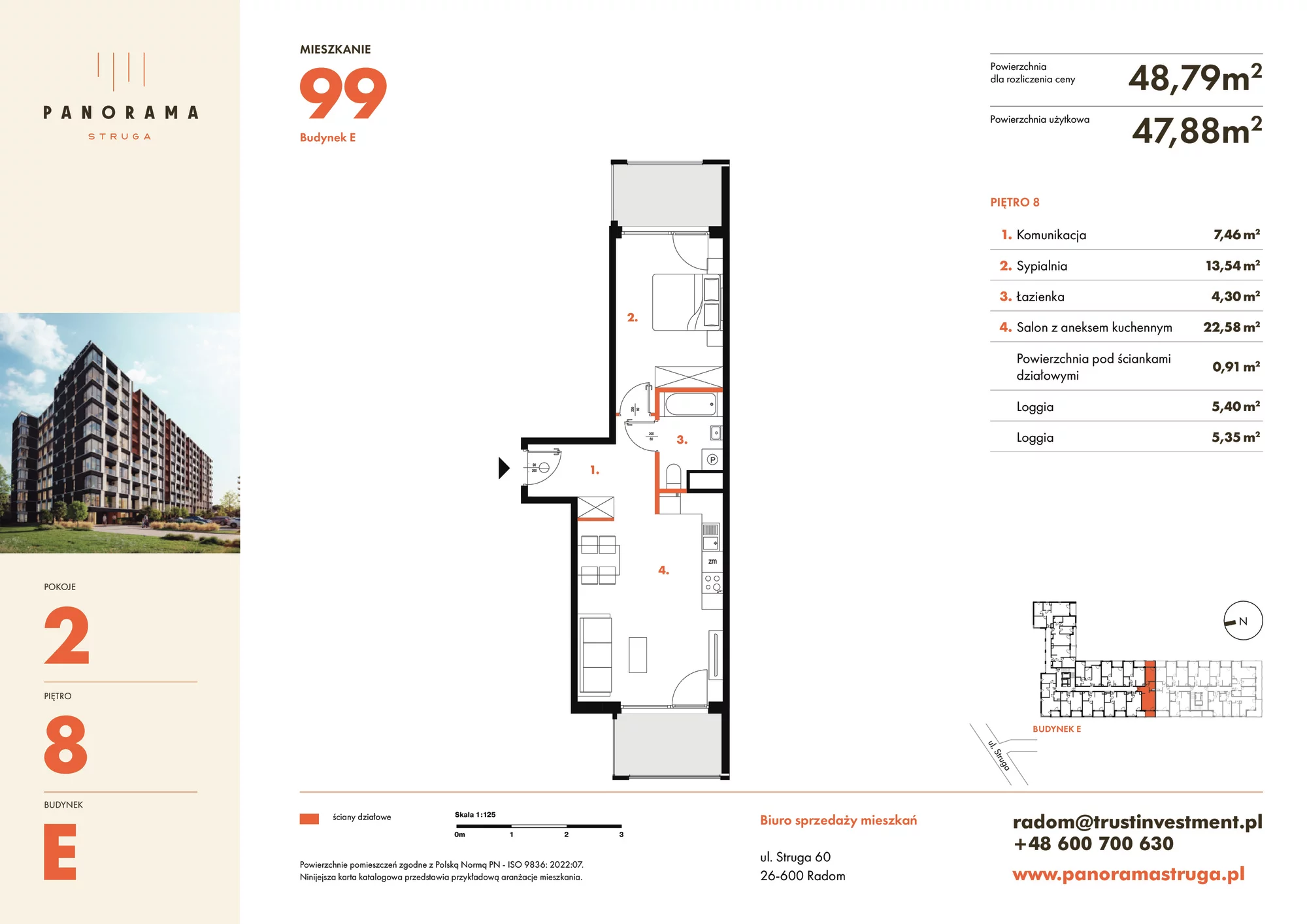 Mieszkanie 48,79 m², piętro 8, oferta nr E99, Panorama Struga, Radom, Śródmieście, ul. Andrzeja Struga 60-idx