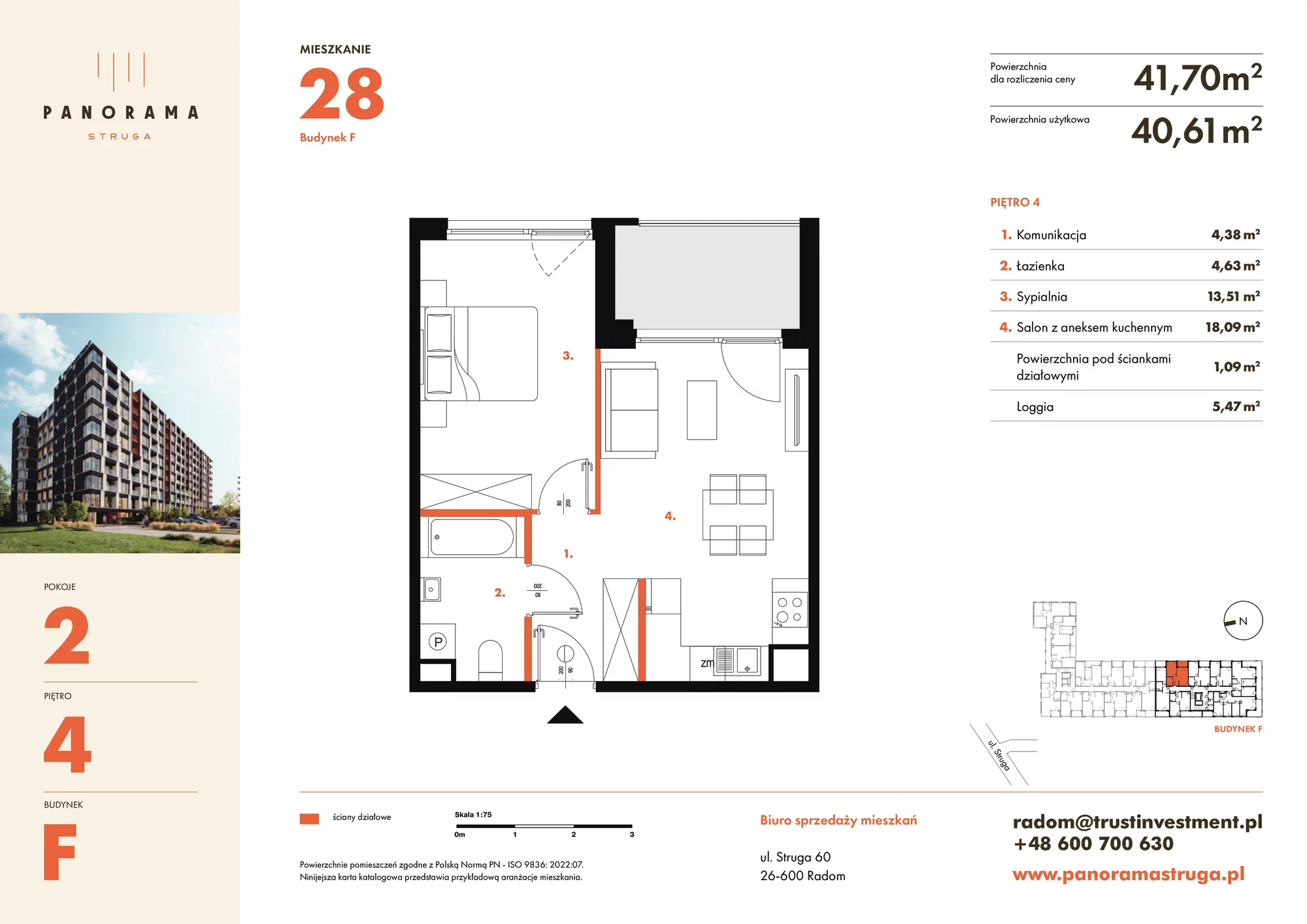 Mieszkanie 41,70 m², piętro 4, oferta nr F28, Panorama Struga, Radom, Śródmieście, ul. Andrzeja Struga 60