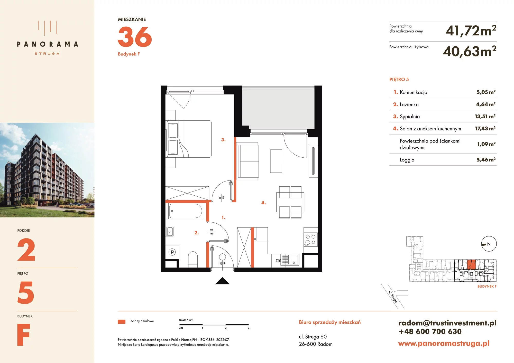 Mieszkanie 41,72 m², piętro 5, oferta nr F36, Panorama Struga, Radom, Śródmieście, ul. Andrzeja Struga 60