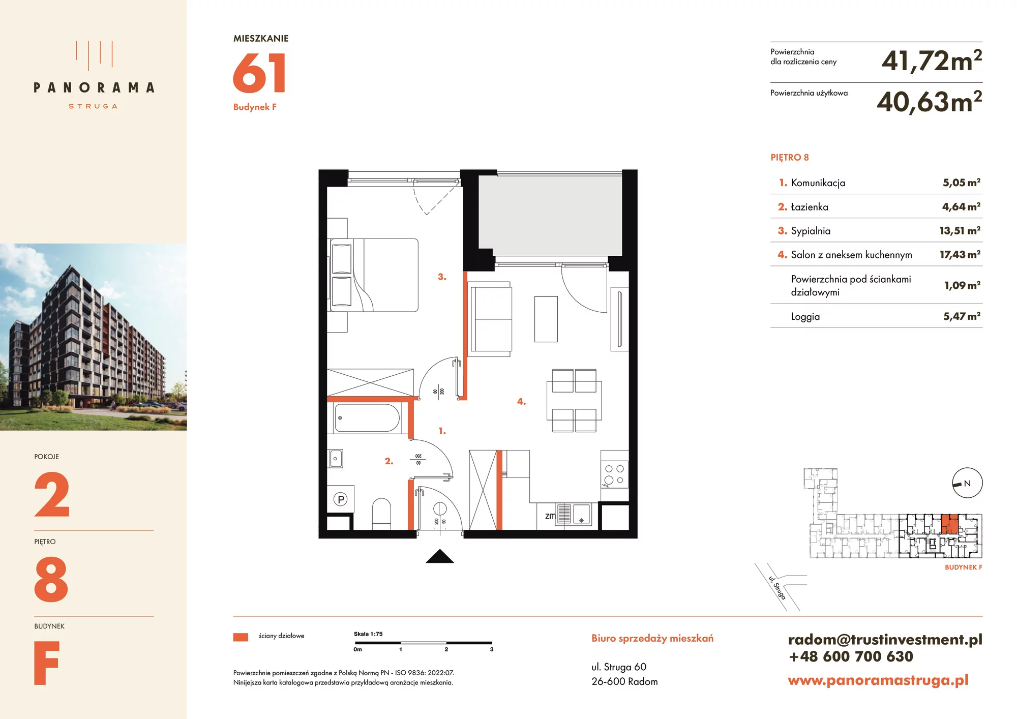 Mieszkanie 41,72 m², piętro 8, oferta nr F61, Panorama Struga, Radom, Śródmieście, ul. Andrzeja Struga 60