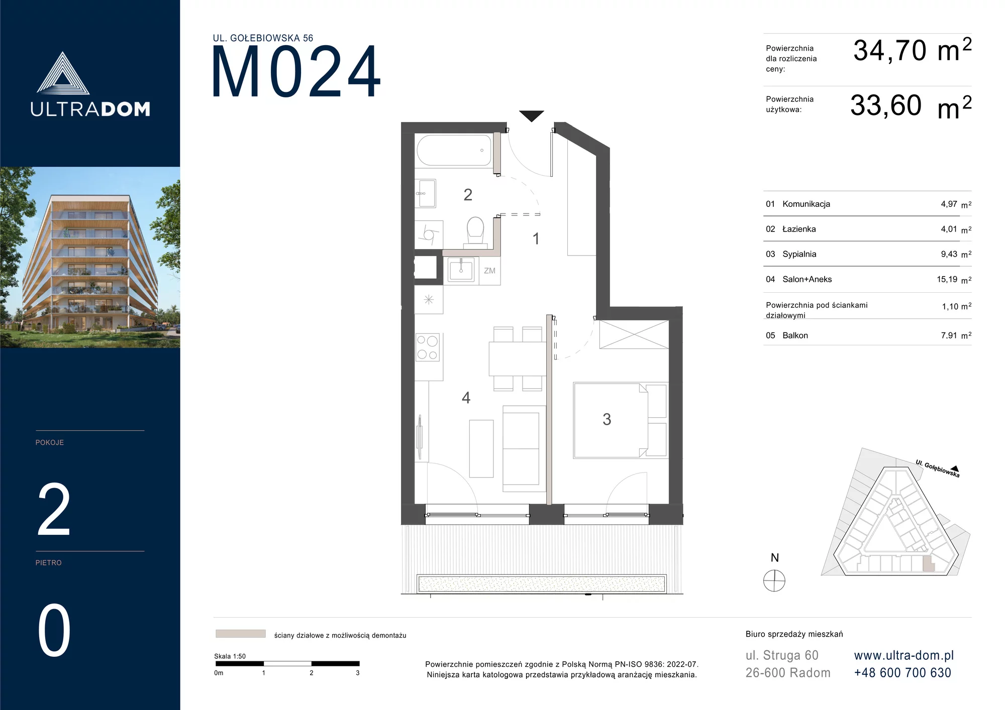 Mieszkanie 34,70 m², parter, oferta nr M024, ULTRADOM, Radom, Gołębiów, ul. Gołębiowska