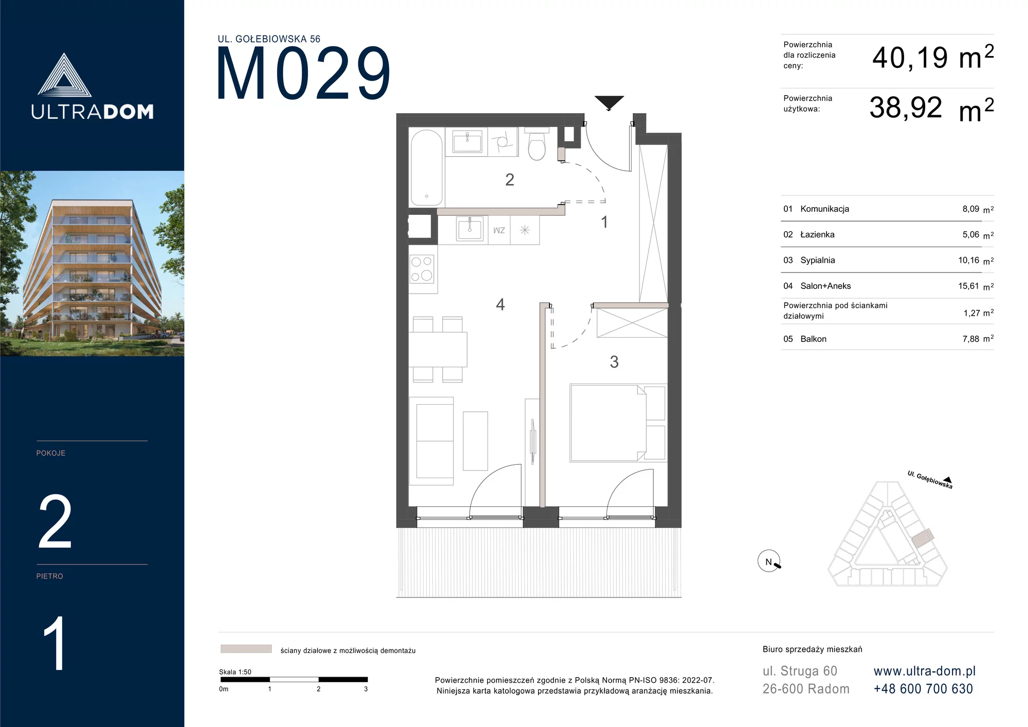 Mieszkanie 40,19 m², piętro 1, oferta nr M029, ULTRADOM, Radom, Gołębiów, ul. Gołębiowska