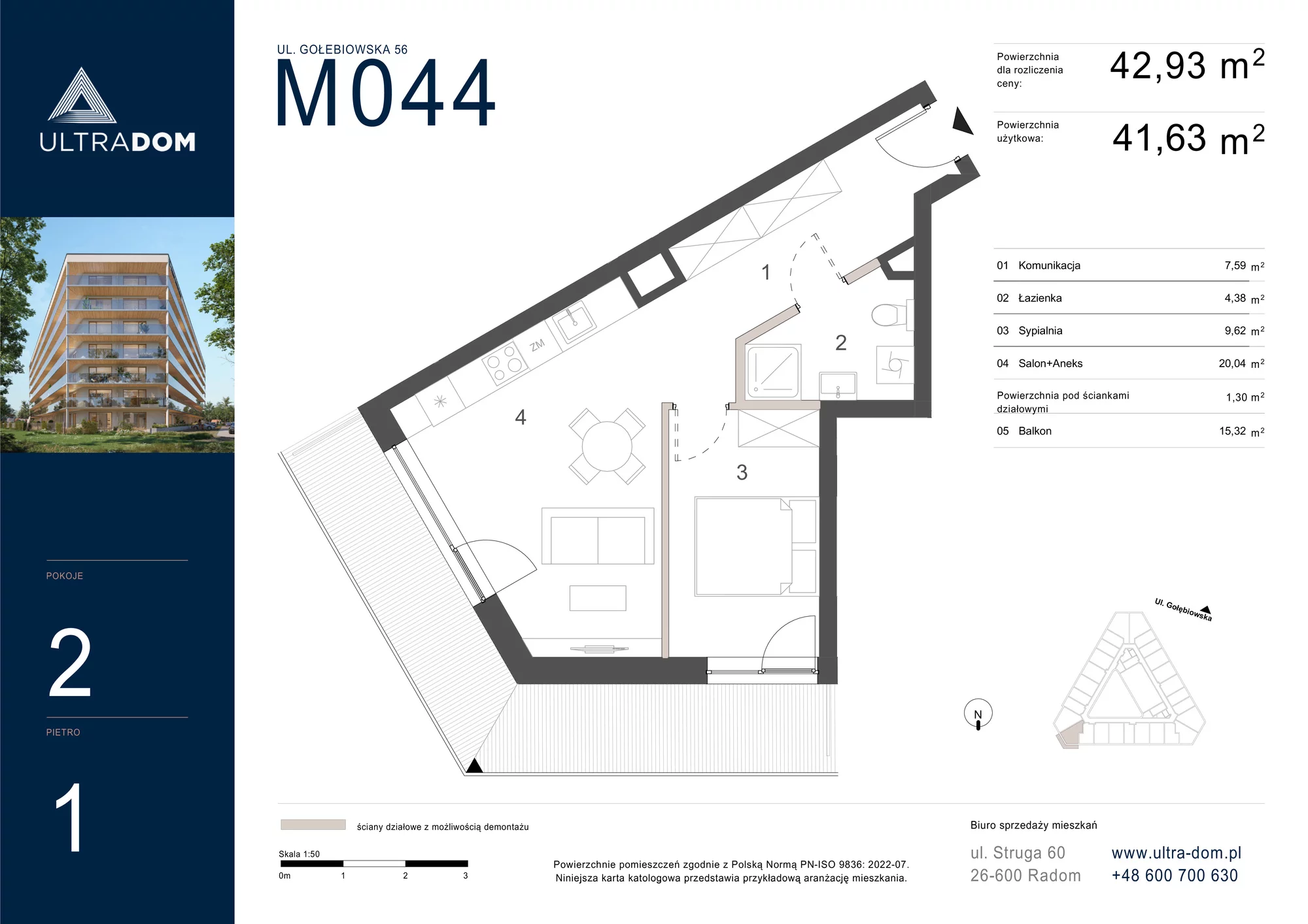 Mieszkanie 42,93 m², piętro 1, oferta nr M044, ULTRADOM, Radom, Gołębiów, ul. Gołębiowska