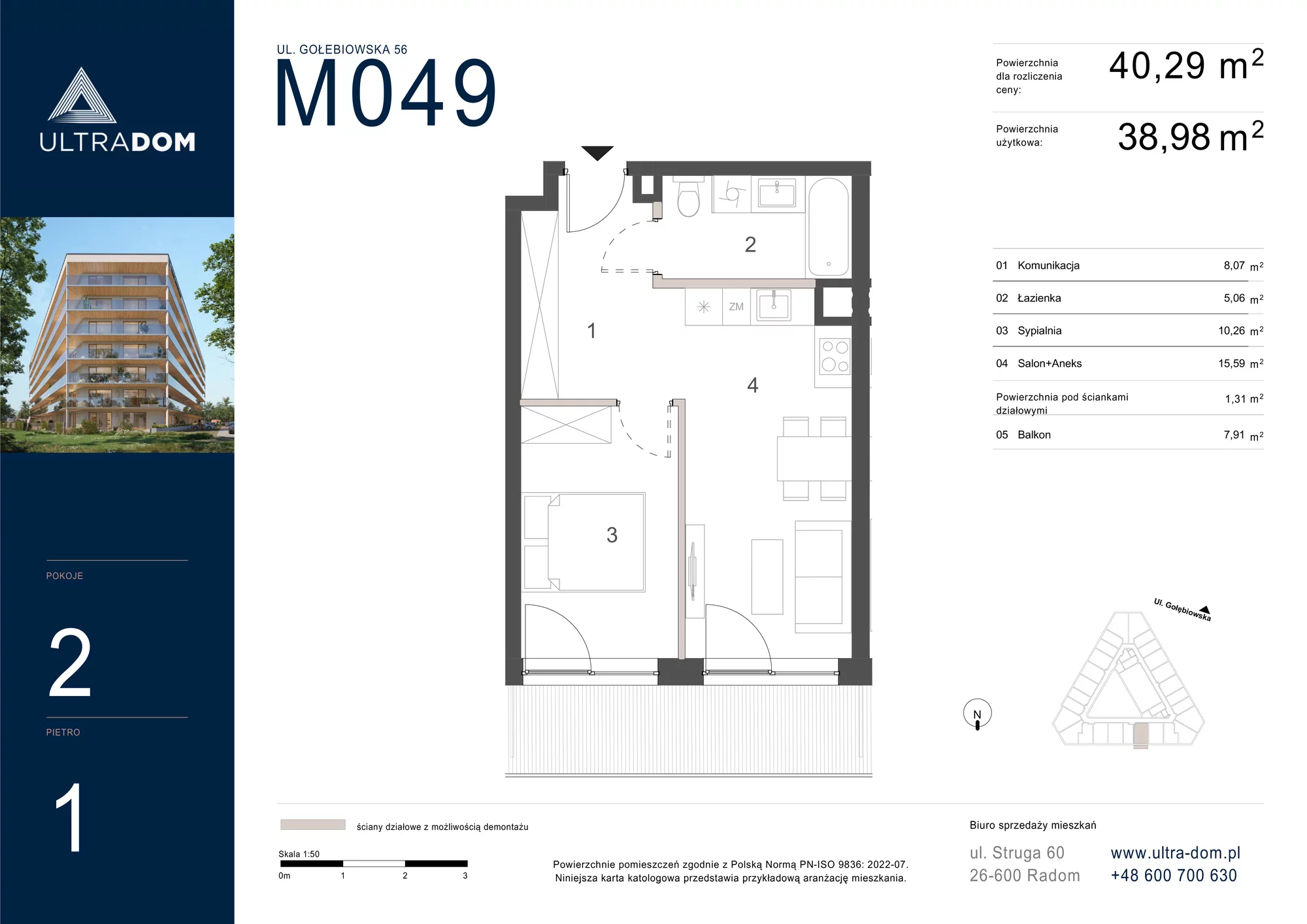 Mieszkanie 40,29 m², piętro 1, oferta nr M049, ULTRADOM, Radom, Gołębiów, ul. Gołębiowska