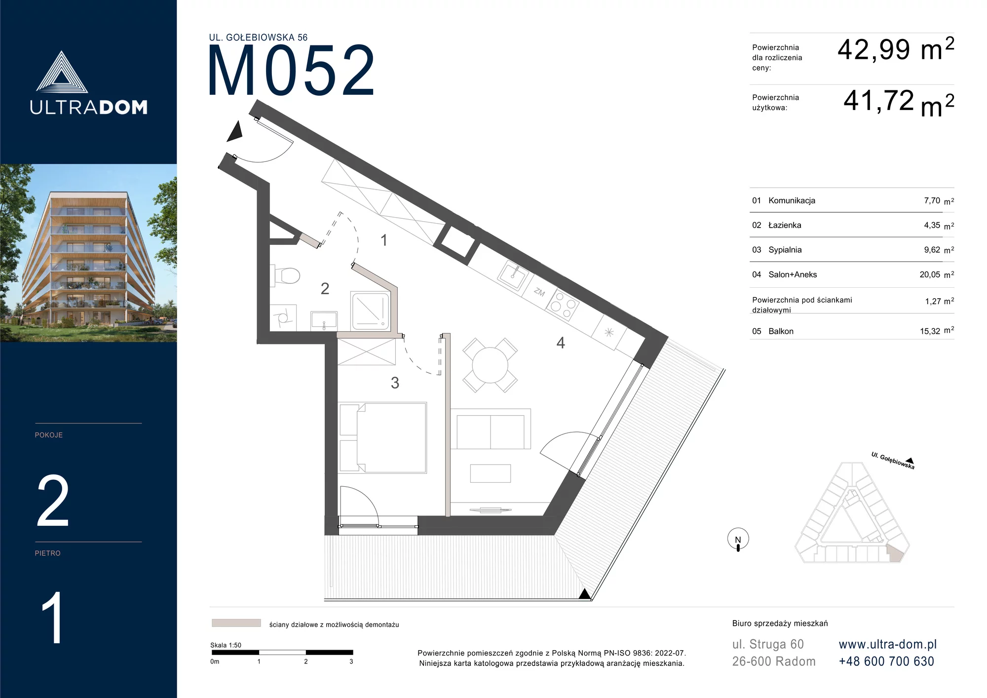 Mieszkanie 42,99 m², piętro 1, oferta nr M052, ULTRADOM, Radom, Gołębiów, ul. Gołębiowska