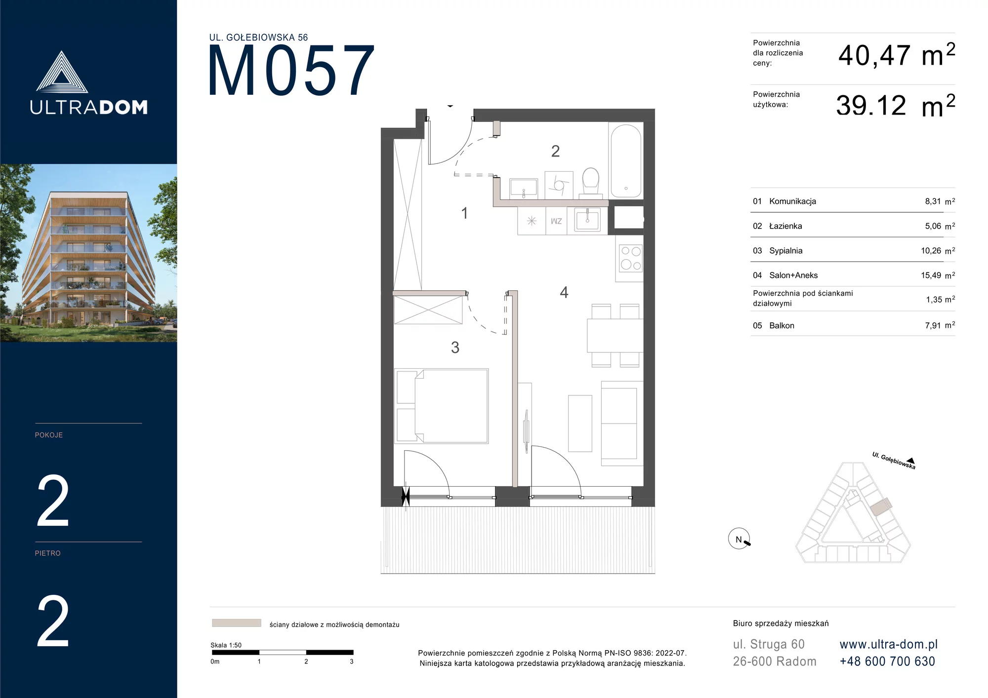 Mieszkanie 40,47 m², piętro 2, oferta nr M057, ULTRADOM, Radom, Gołębiów, ul. Gołębiowska