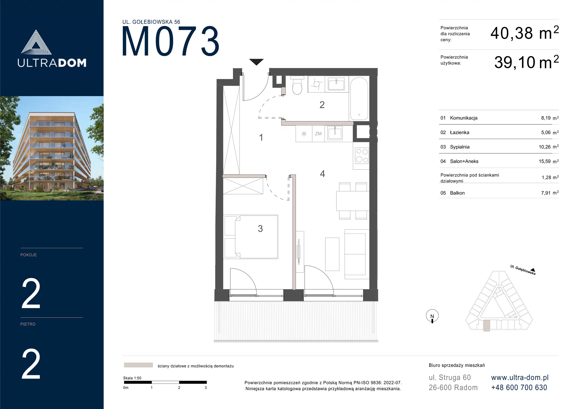 Mieszkanie 40,38 m², piętro 2, oferta nr M073, ULTRADOM, Radom, Gołębiów, ul. Gołębiowska