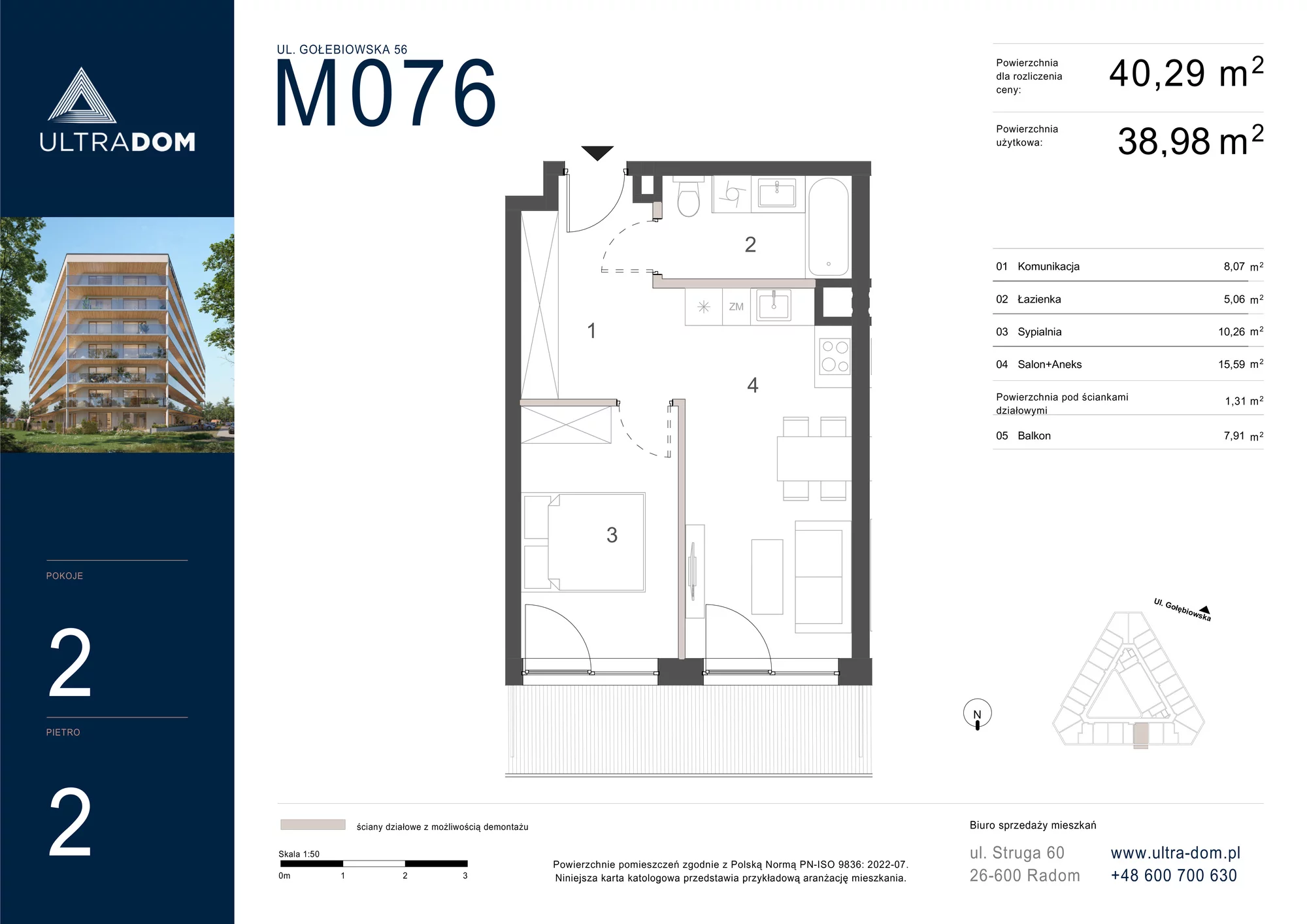 Mieszkanie 40,29 m², piętro 2, oferta nr M076, ULTRADOM, Radom, Gołębiów, ul. Gołębiowska