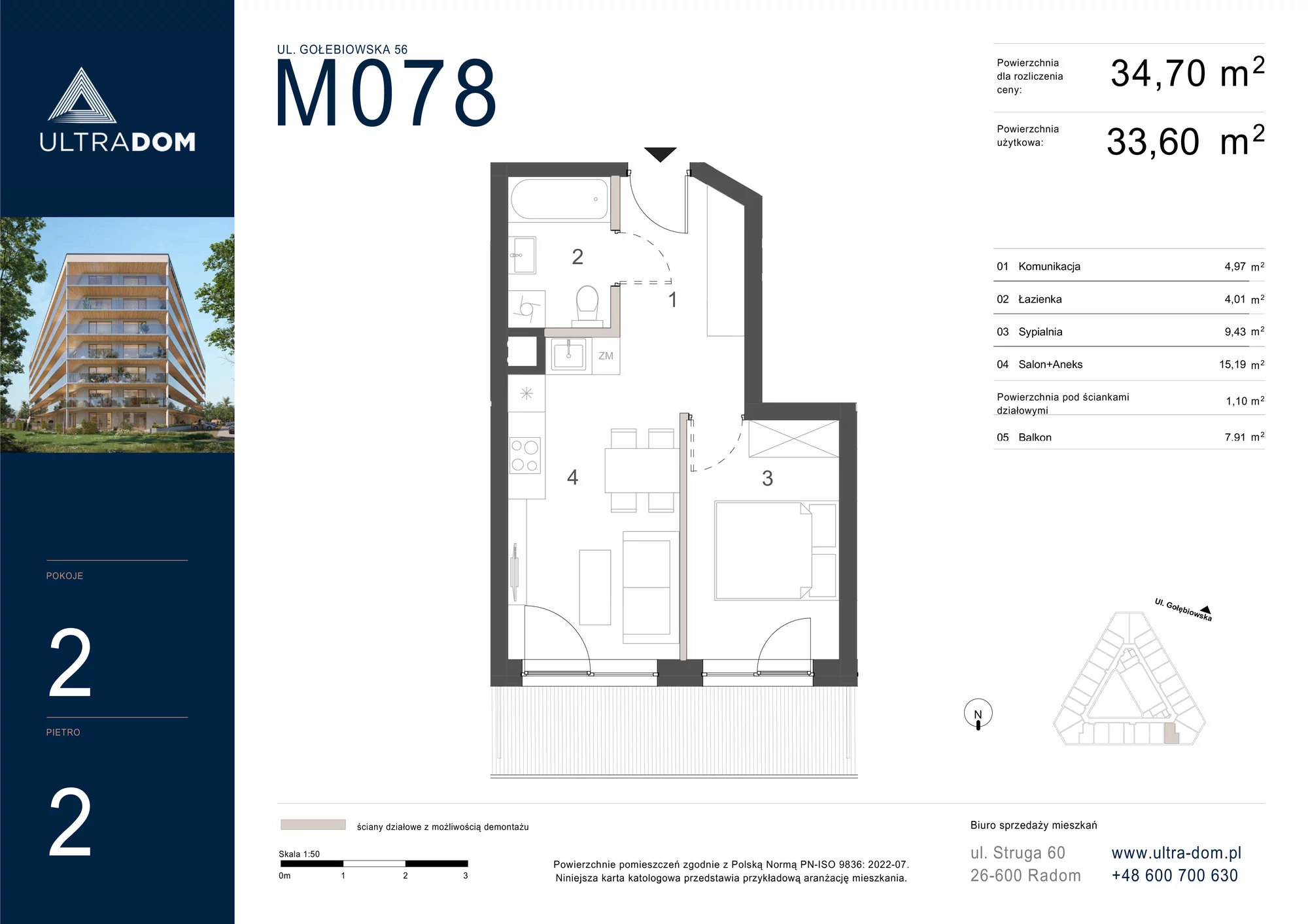 Mieszkanie 34,70 m², piętro 2, oferta nr M078, ULTRADOM, Radom, Gołębiów, ul. Gołębiowska