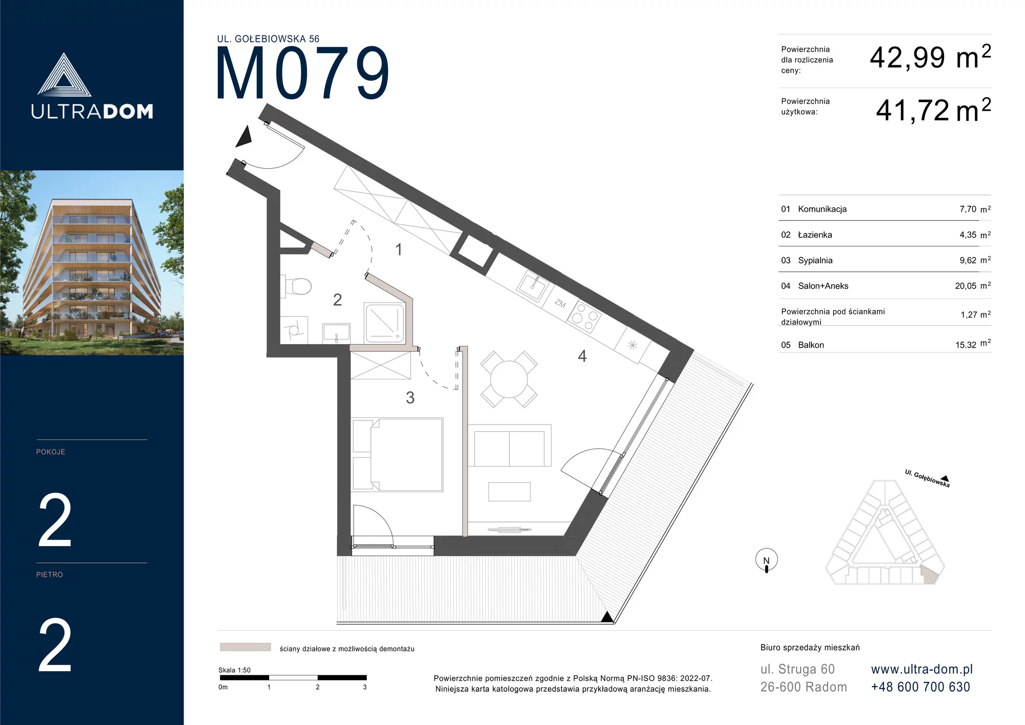 Mieszkanie 42,99 m², piętro 2, oferta nr M079, ULTRADOM, Radom, Gołębiów, ul. Gołębiowska