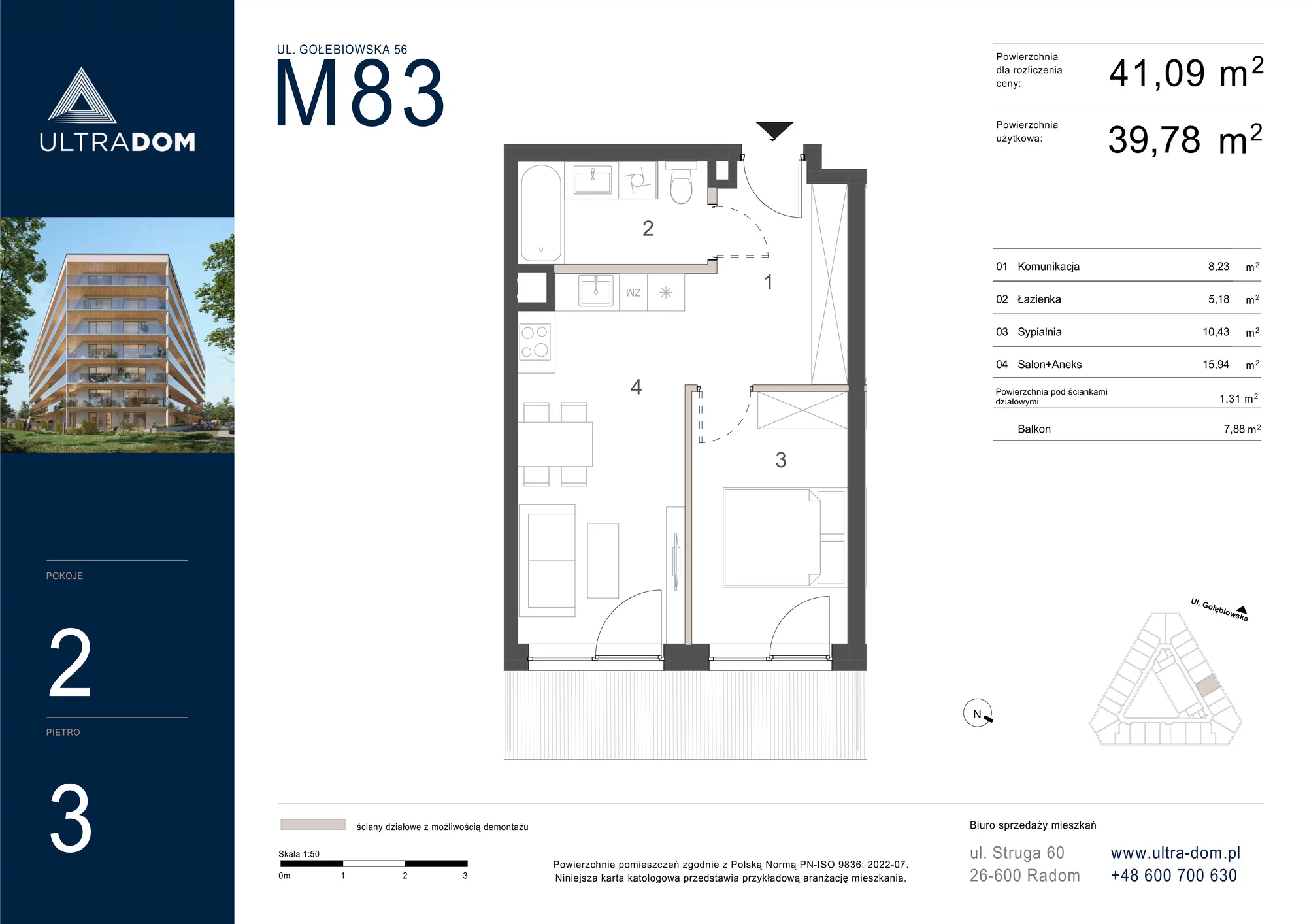 Mieszkanie 41,09 m², piętro 3, oferta nr M083, ULTRADOM, Radom, Gołębiów, ul. Gołębiowska