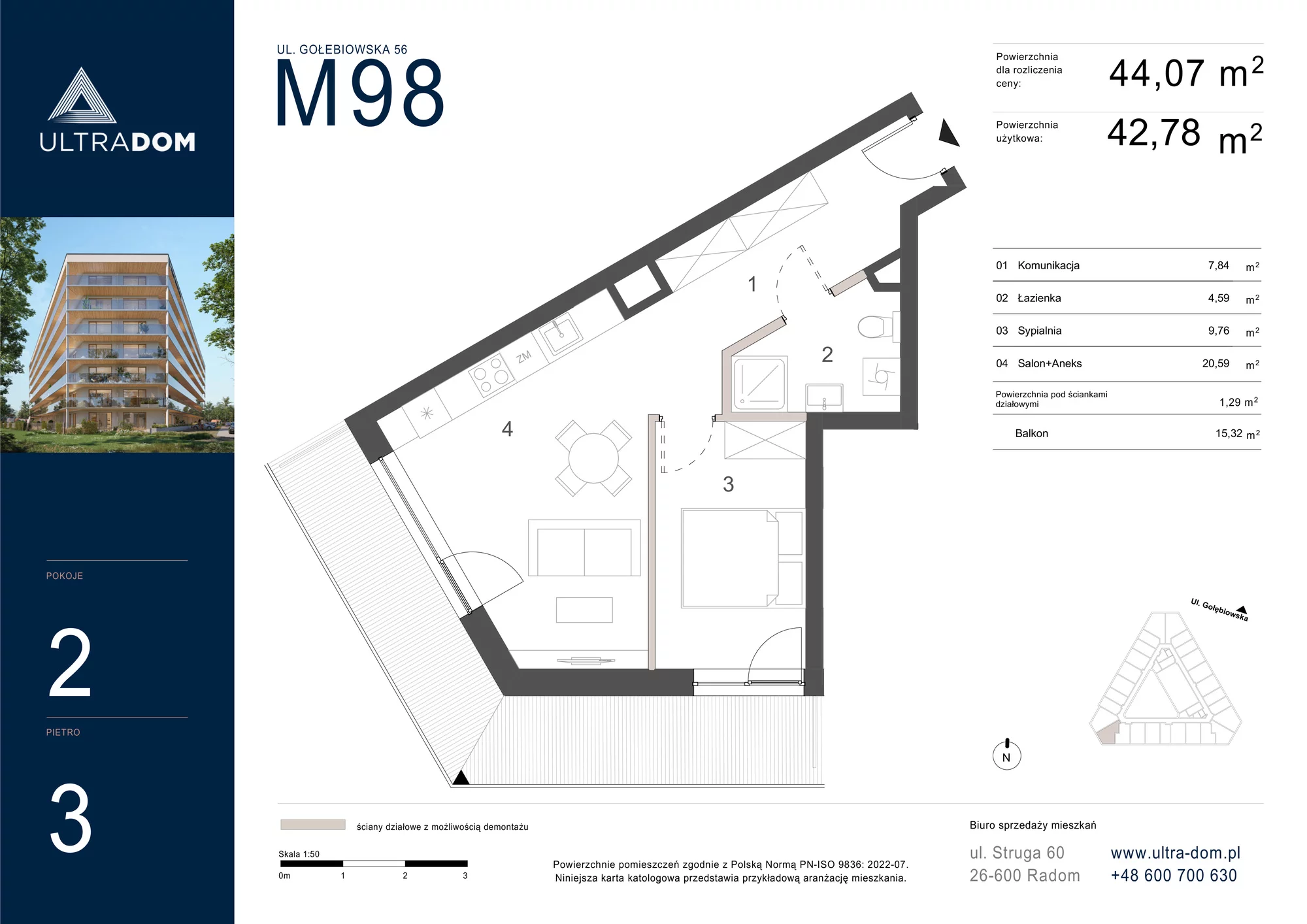 Mieszkanie 44,07 m², piętro 3, oferta nr M098, ULTRADOM, Radom, Gołębiów, ul. Gołębiowska