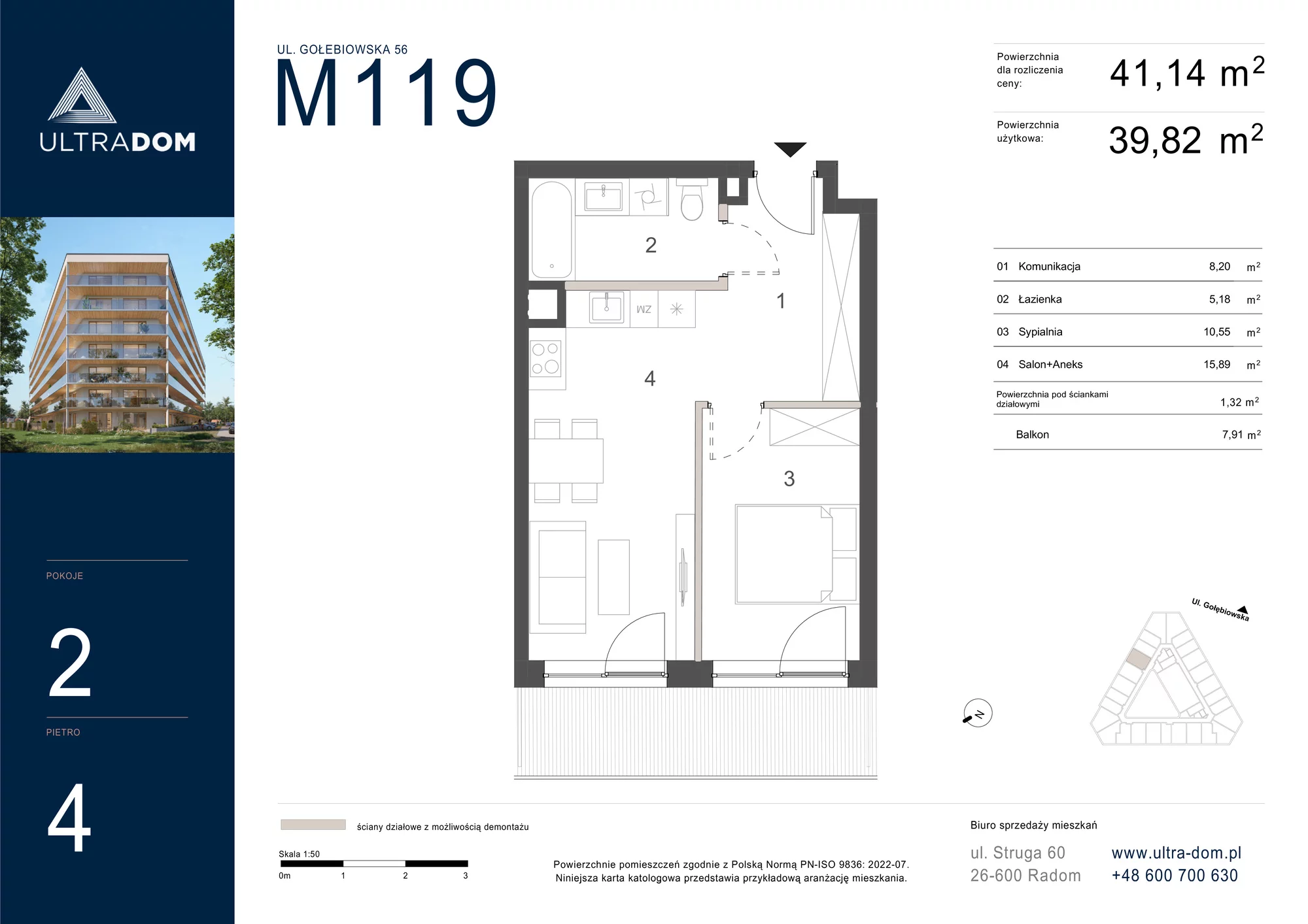 Mieszkanie 41,14 m², piętro 4, oferta nr M119, ULTRADOM, Radom, Gołębiów, ul. Gołębiowska-idx