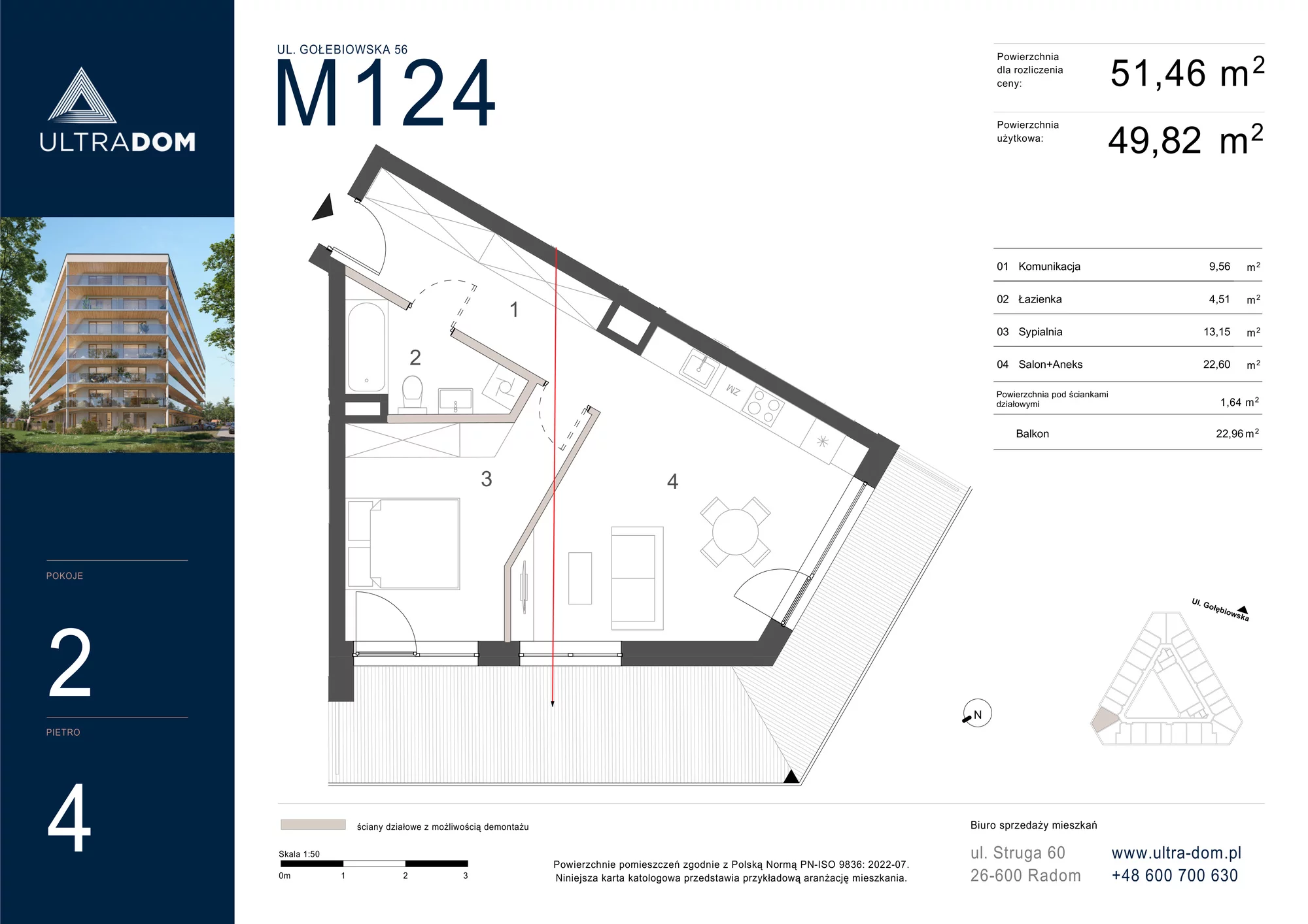 Mieszkanie 51,46 m², piętro 4, oferta nr M124, ULTRADOM, Radom, Gołębiów, ul. Gołębiowska