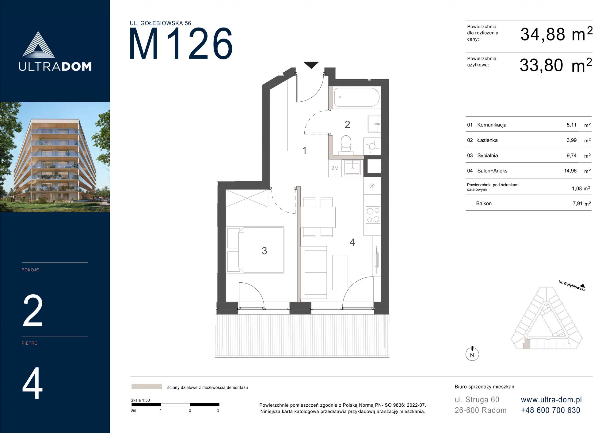 Mieszkanie 34,88 m², piętro 4, oferta nr M126, ULTRADOM, Radom, Gołębiów, ul. Gołębiowska