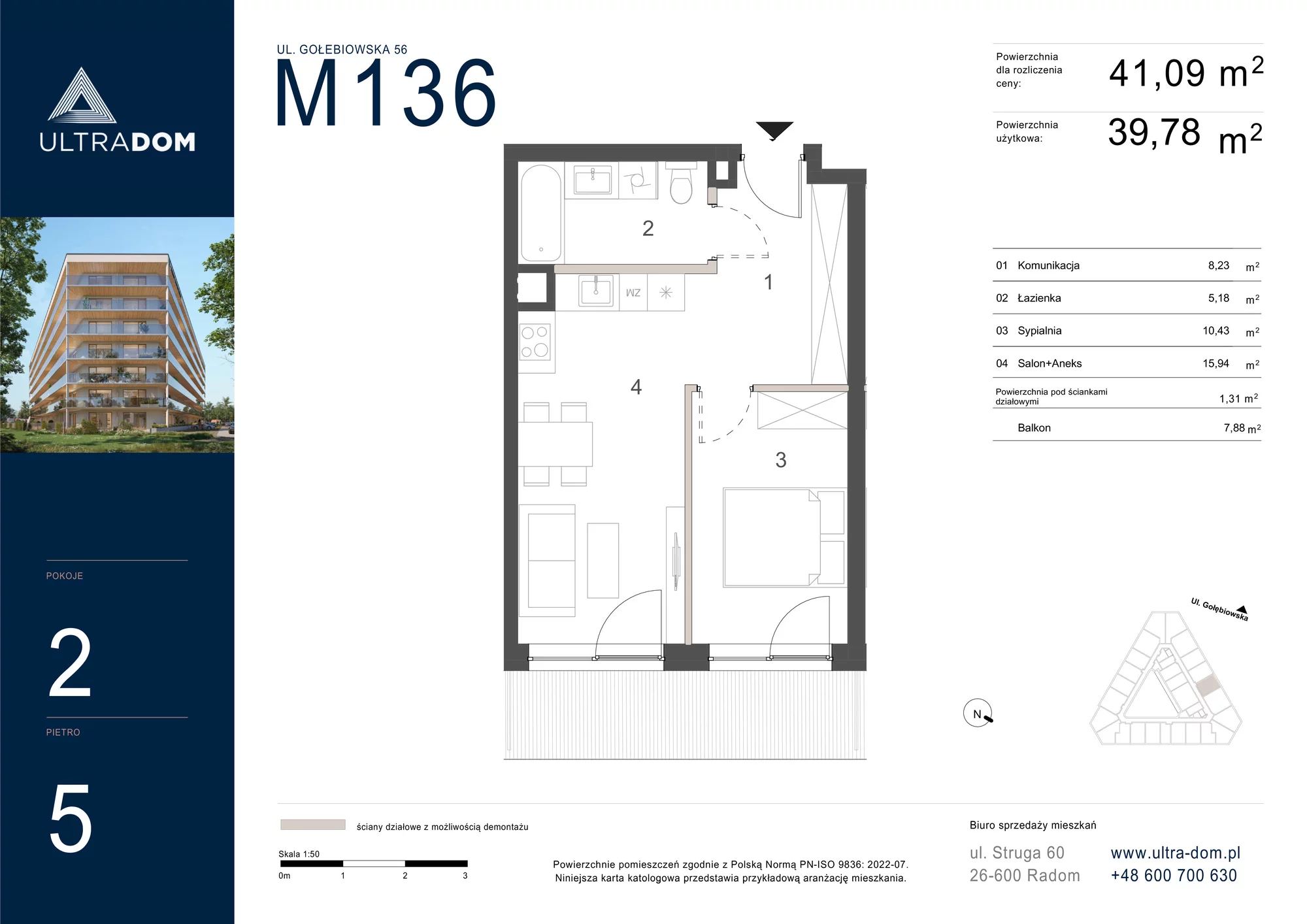 Mieszkanie 41,09 m², piętro 5, oferta nr M136, ULTRADOM, Radom, Gołębiów, ul. Gołębiowska