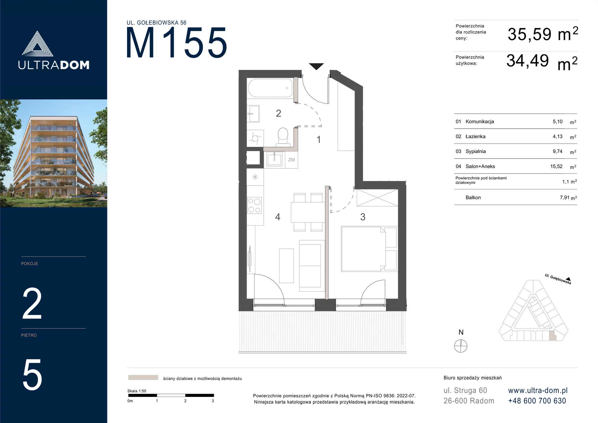 Mieszkanie 35,59 m², piętro 5, oferta nr M155, ULTRADOM, Radom, Gołębiów, ul. Gołębiowska-idx