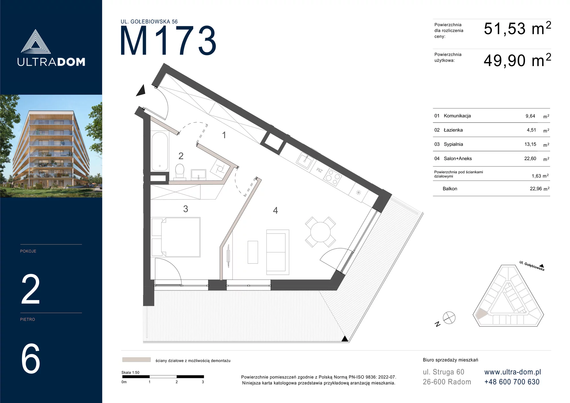 Mieszkanie 51,53 m², piętro 6, oferta nr M173, ULTRADOM, Radom, Gołębiów, ul. Gołębiowska-idx