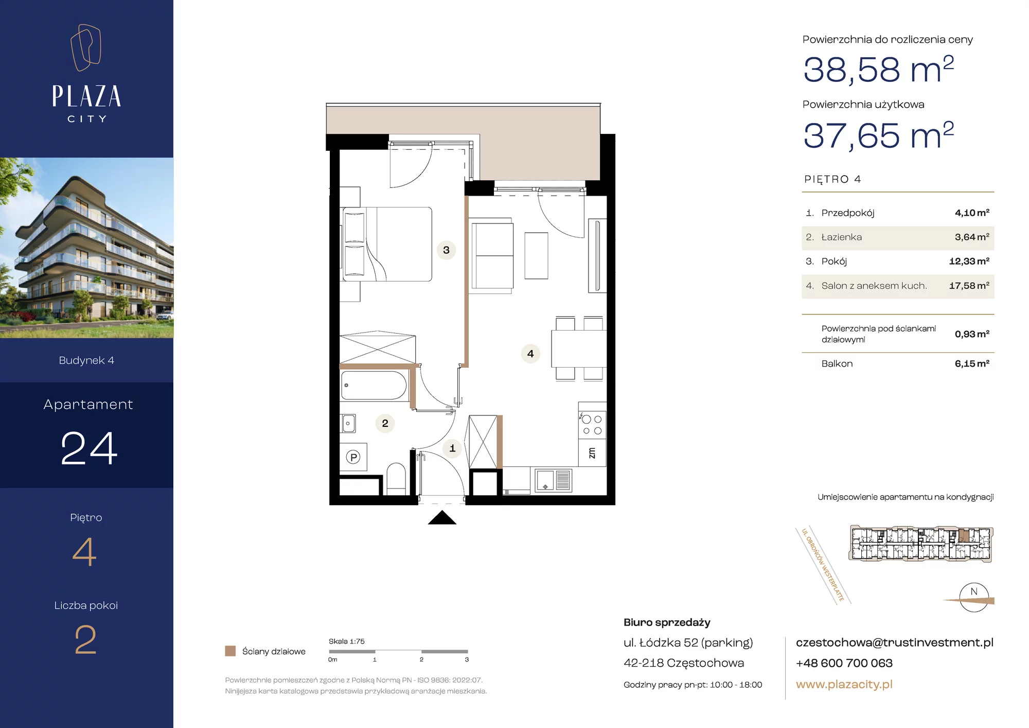 Mieszkanie 38,58 m², piętro 4, oferta nr B4M24, Plaza City, Częstochowa, Częstochówka-Parkitka, ul. Łódzka