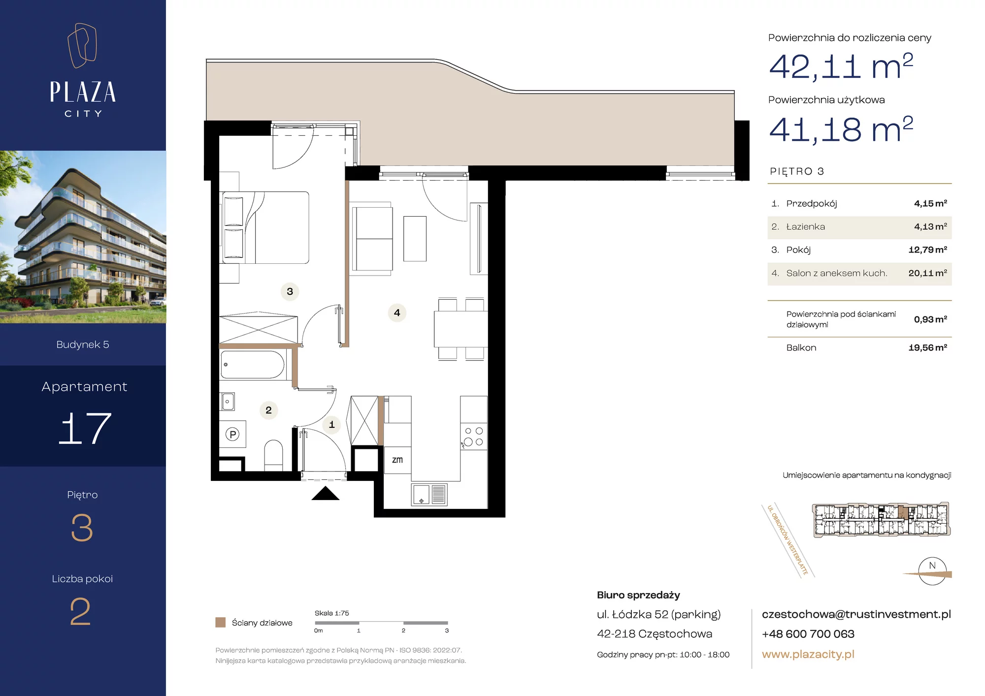 2 pokoje, mieszkanie 42,11 m², piętro 3, oferta nr B5M17, Plaza City, Częstochowa, Częstochówka-Parkitka, ul. Łódzka