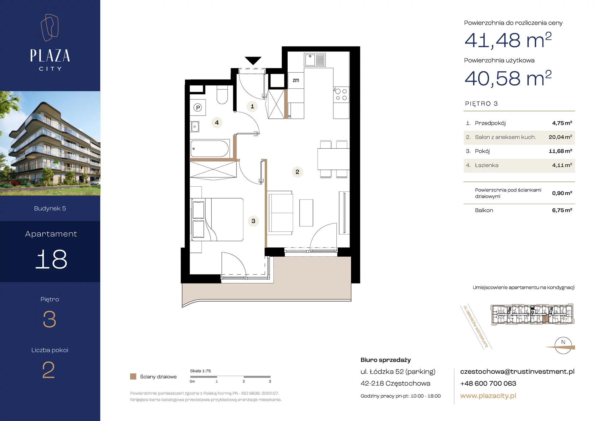 2 pokoje, mieszkanie 41,48 m², piętro 3, oferta nr B5M18, Plaza City, Częstochowa, Częstochówka-Parkitka, ul. Łódzka