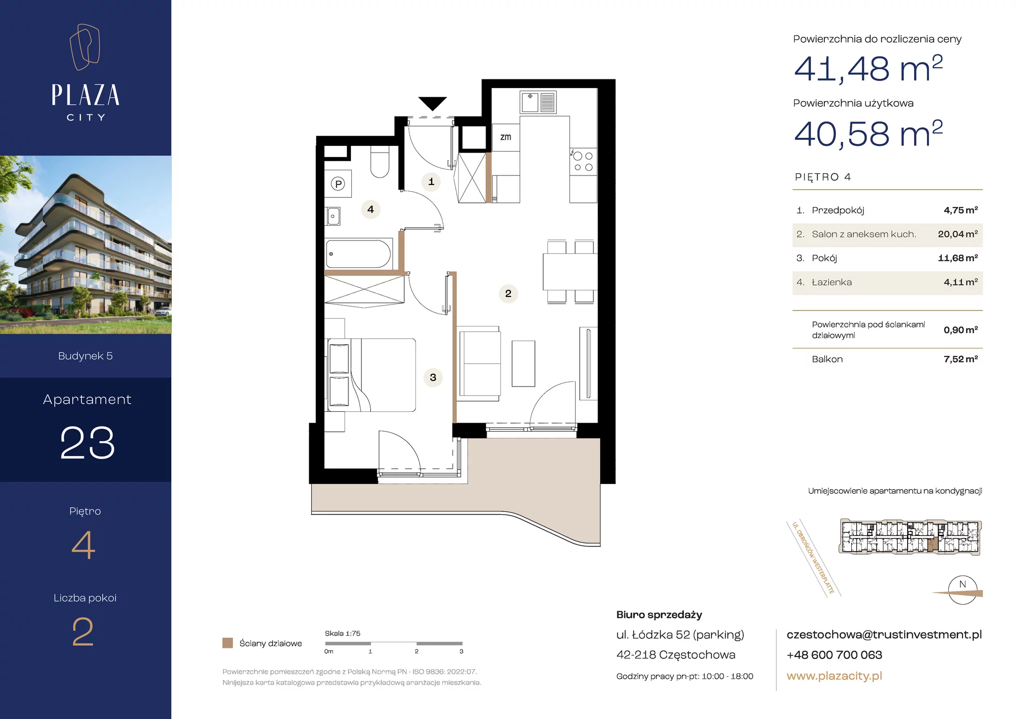 Mieszkanie 41,48 m², piętro 4, oferta nr B5M23, Plaza City, Częstochowa, Częstochówka-Parkitka, ul. Łódzka