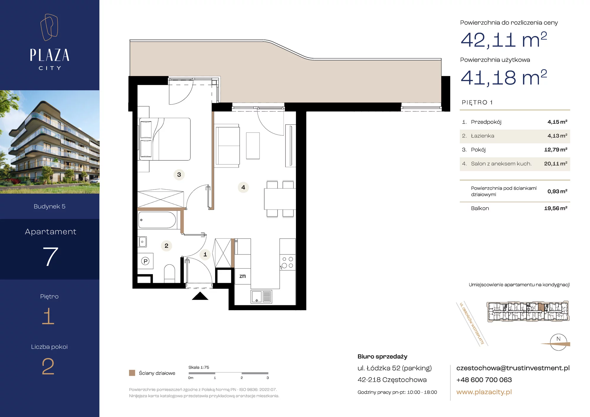 Mieszkanie 42,11 m², piętro 1, oferta nr B5M7, Plaza City, Częstochowa, Częstochówka-Parkitka, ul. Łódzka