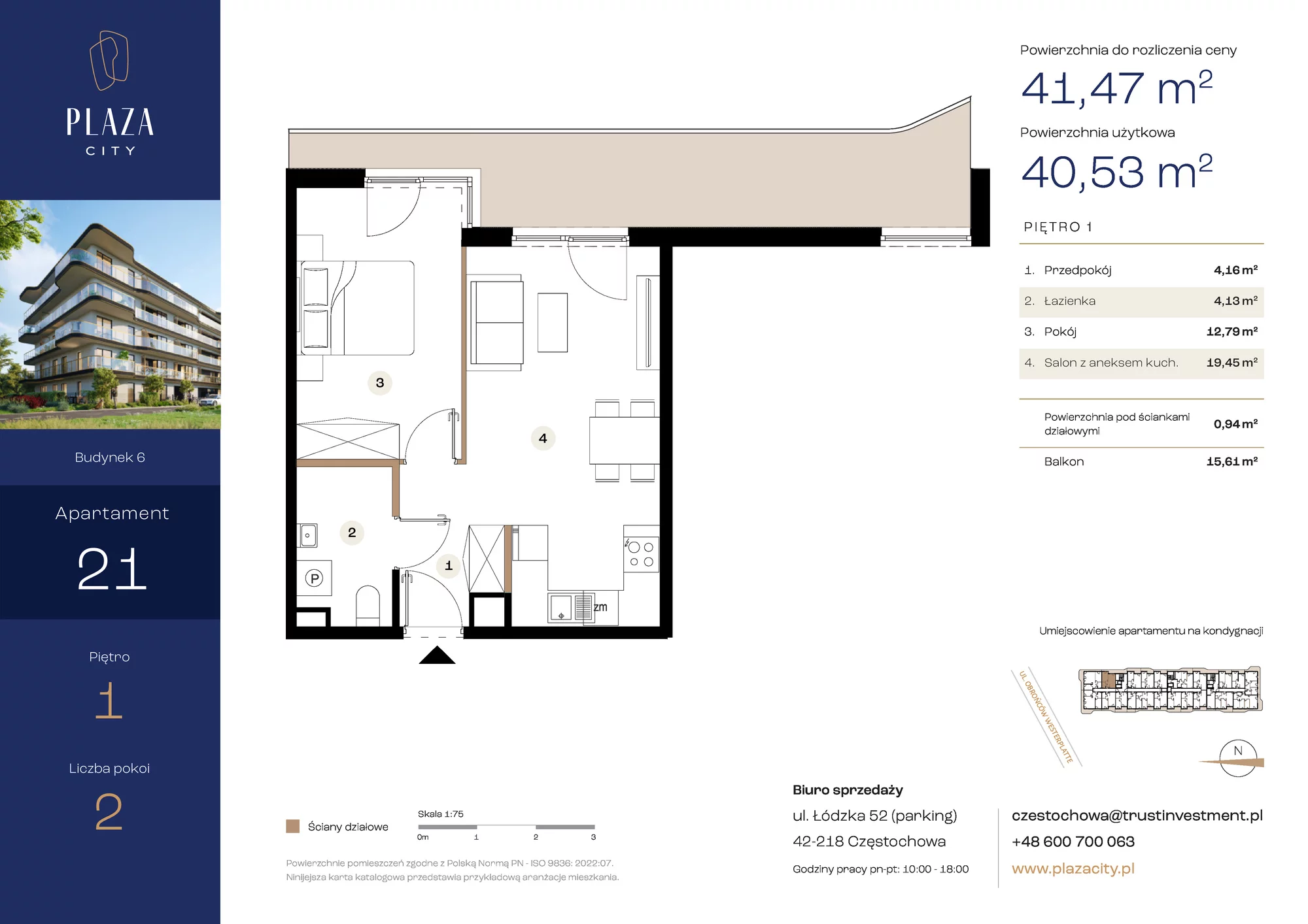 Mieszkanie 41,47 m², piętro 1, oferta nr B6M21, Plaza City, Częstochowa, Częstochówka-Parkitka, ul. Łódzka