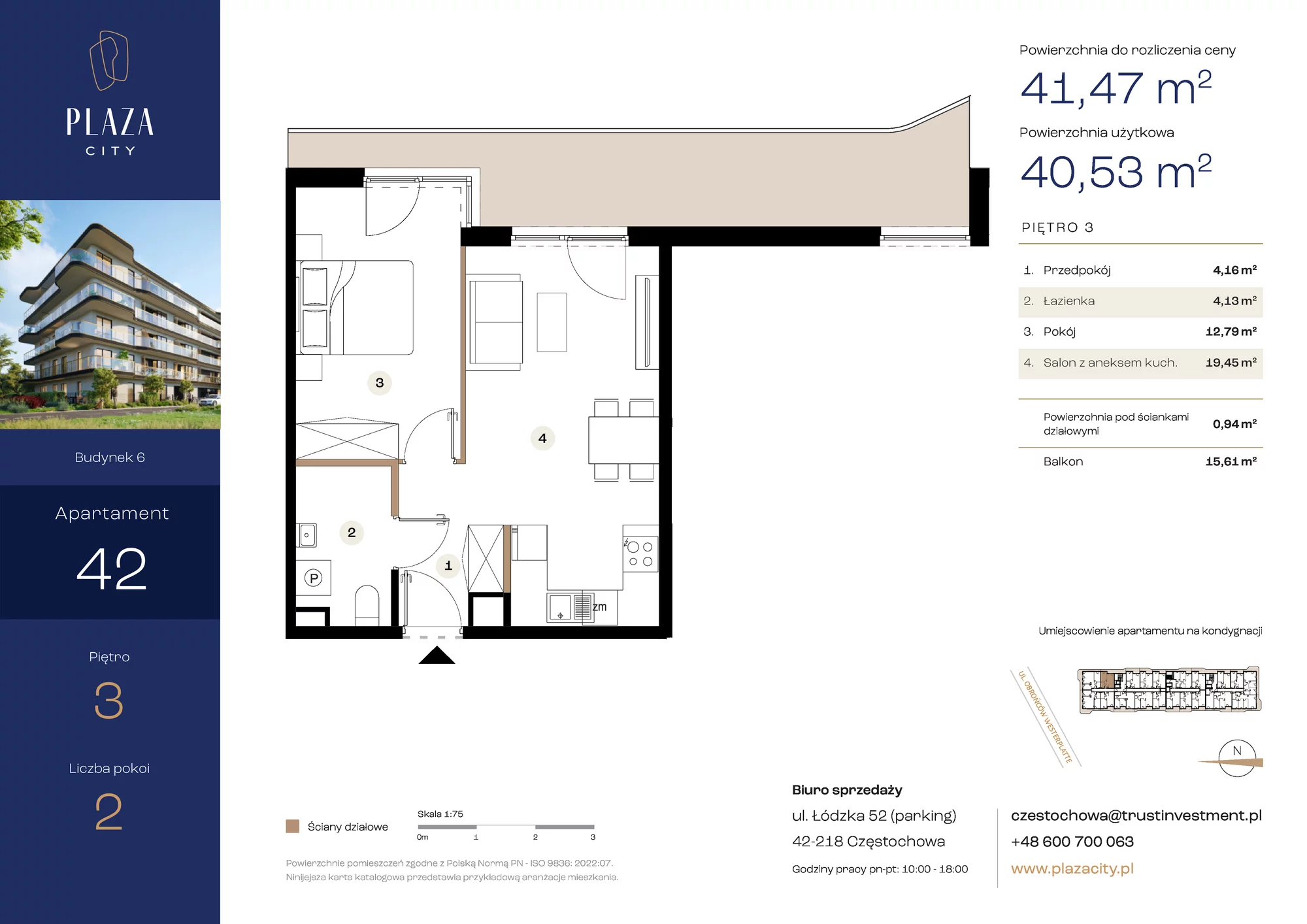 Mieszkanie 41,47 m², piętro 3, oferta nr B6M42, Plaza City, Częstochowa, Częstochówka-Parkitka, ul. Łódzka