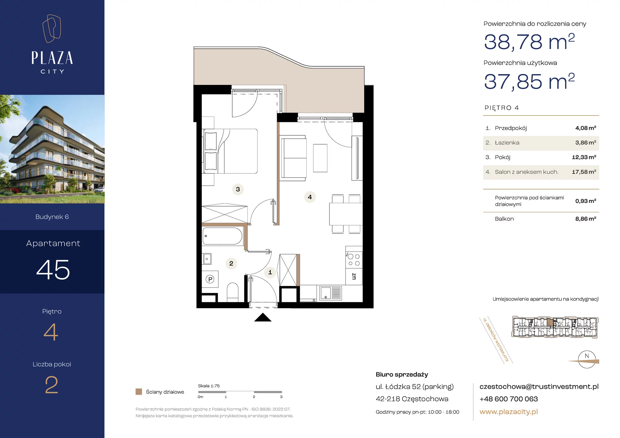 Mieszkanie 38,78 m², piętro 4, oferta nr B6M45, Plaza City, Częstochowa, Częstochówka-Parkitka, ul. Łódzka