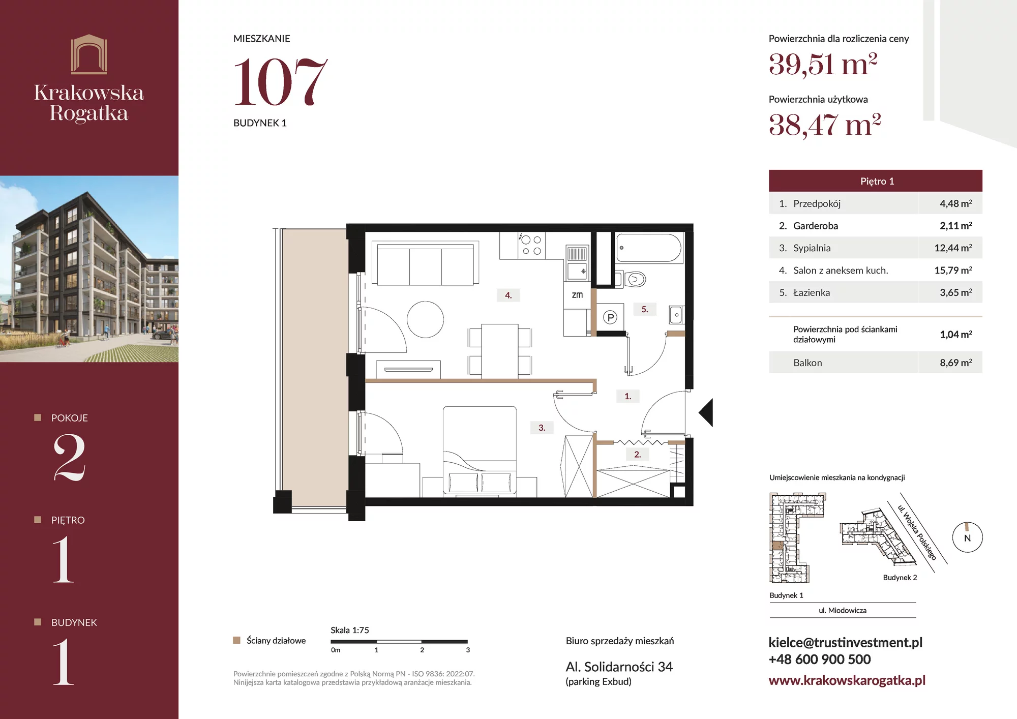 Mieszkanie 39,51 m², piętro 1, oferta nr Budynek 1 Mieszkanie 107, Krakowska Rogatka, Kielce, Centrum, ul. Miodowicza 1