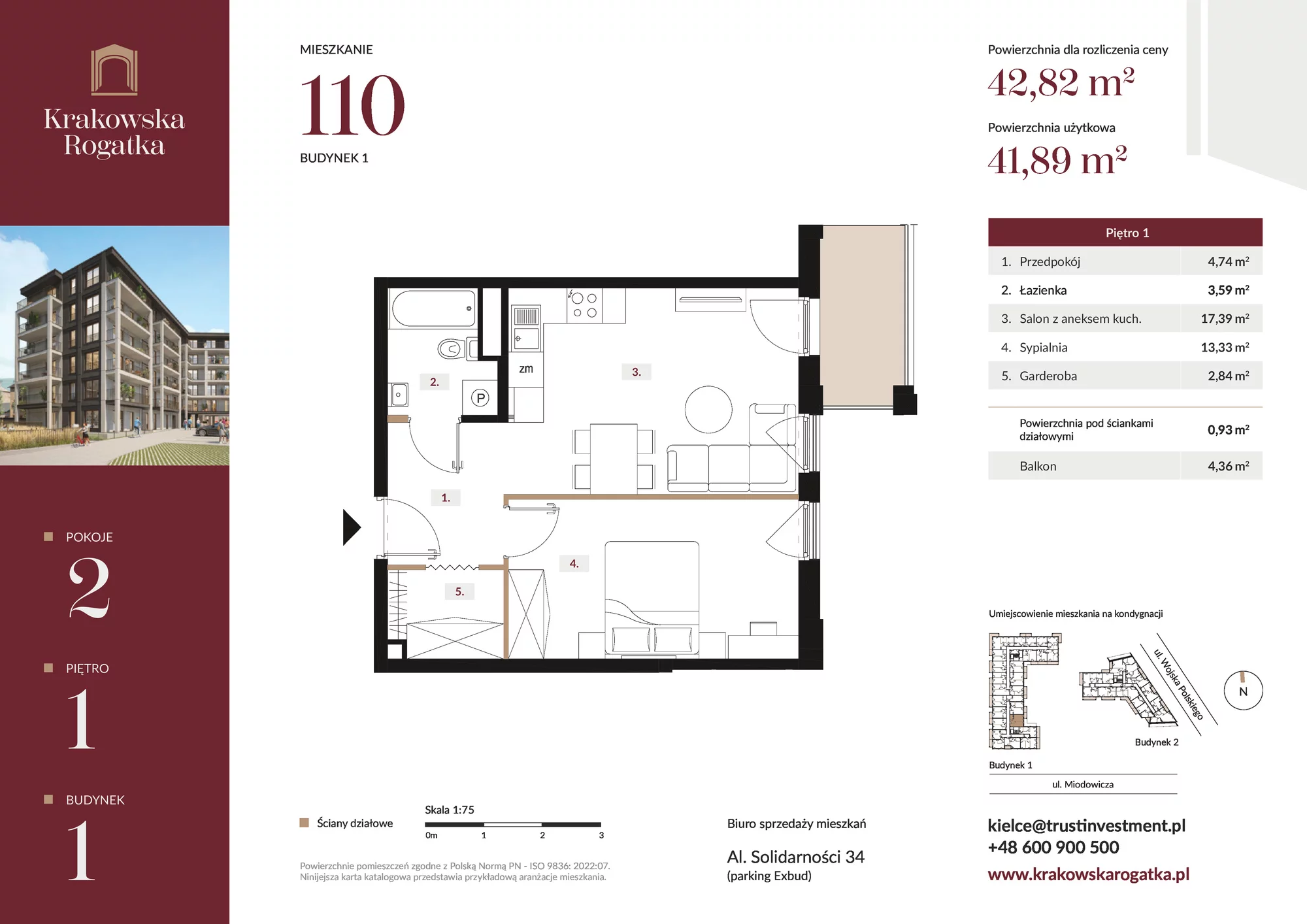 Mieszkanie 42,82 m², piętro 1, oferta nr Budynek 1 Mieszkanie 110, Krakowska Rogatka, Kielce, Centrum, ul. Miodowicza 1