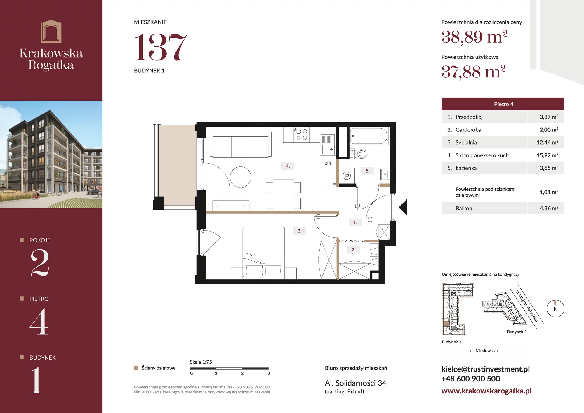 Mieszkanie 38,89 m², piętro 4, oferta nr Budynek 1 Mieszkanie 137, Krakowska Rogatka, Kielce, Centrum, ul. Miodowicza 1-idx