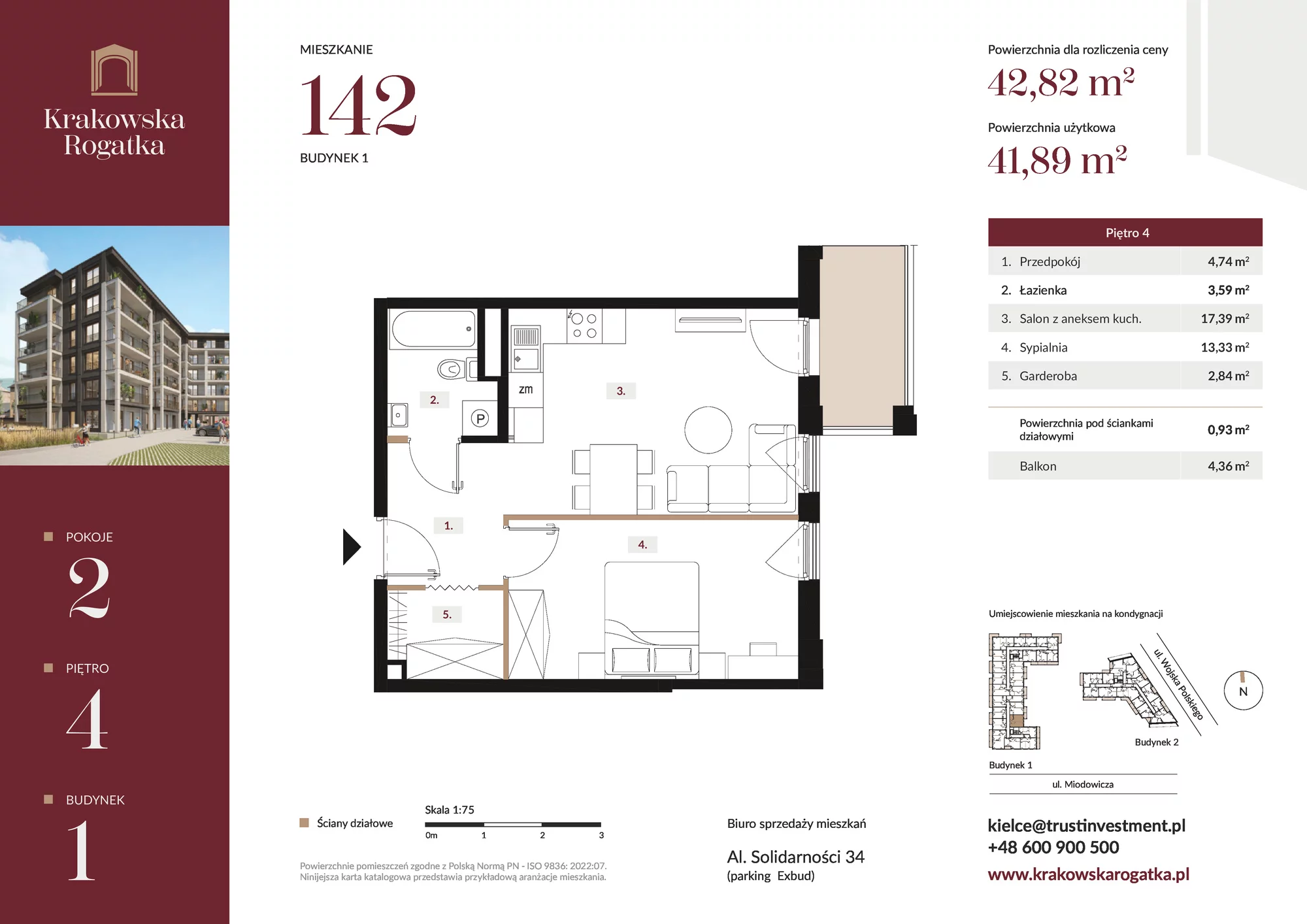 Mieszkanie 42,82 m², piętro 4, oferta nr Budynek 1 Mieszkanie 142, Krakowska Rogatka, Kielce, Centrum, ul. Miodowicza 1