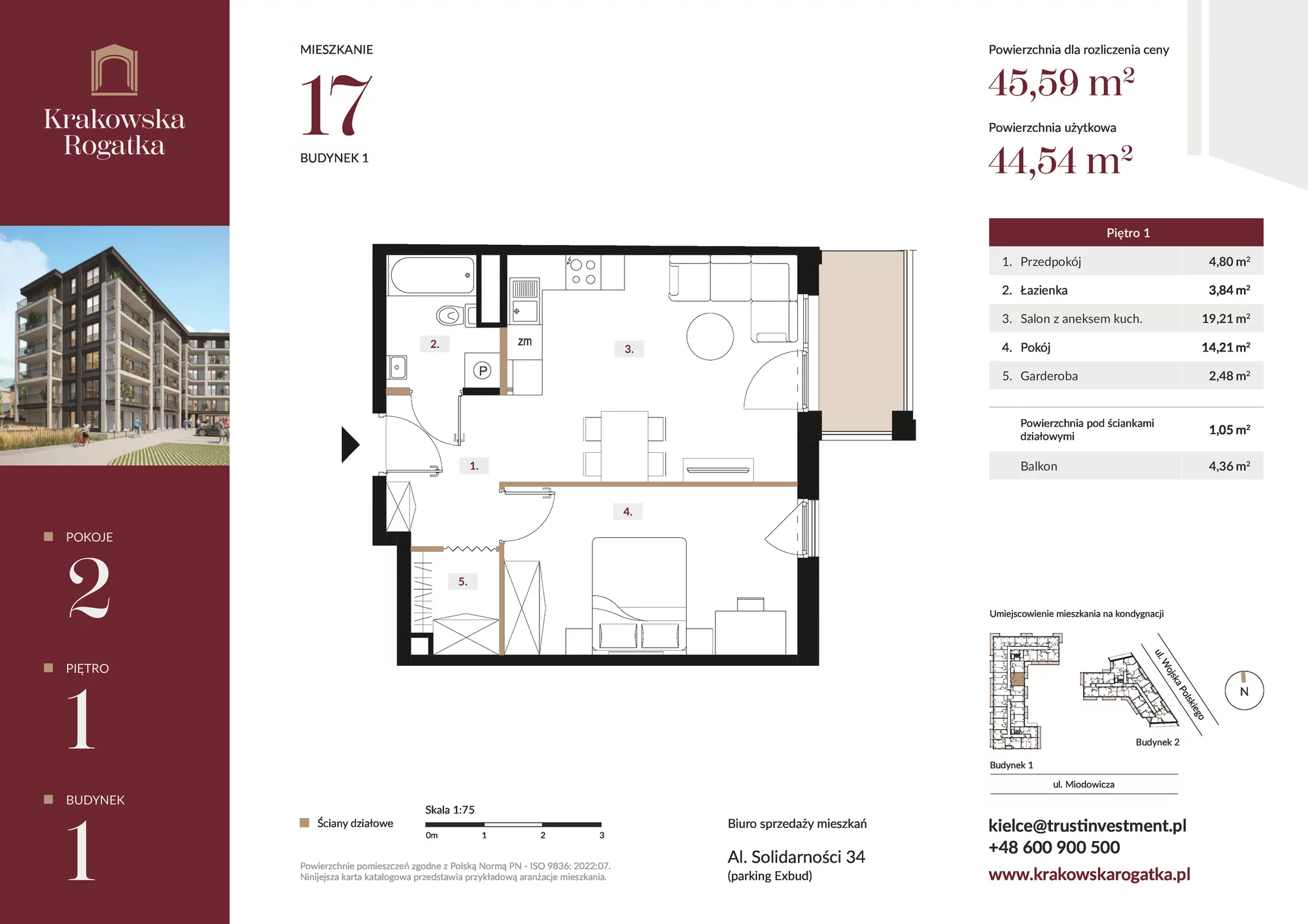 2 pokoje, mieszkanie 45,59 m², piętro 1, oferta nr Budynek 1 Mieszkanie 17, Krakowska Rogatka, Kielce, Centrum, ul. Miodowicza 1