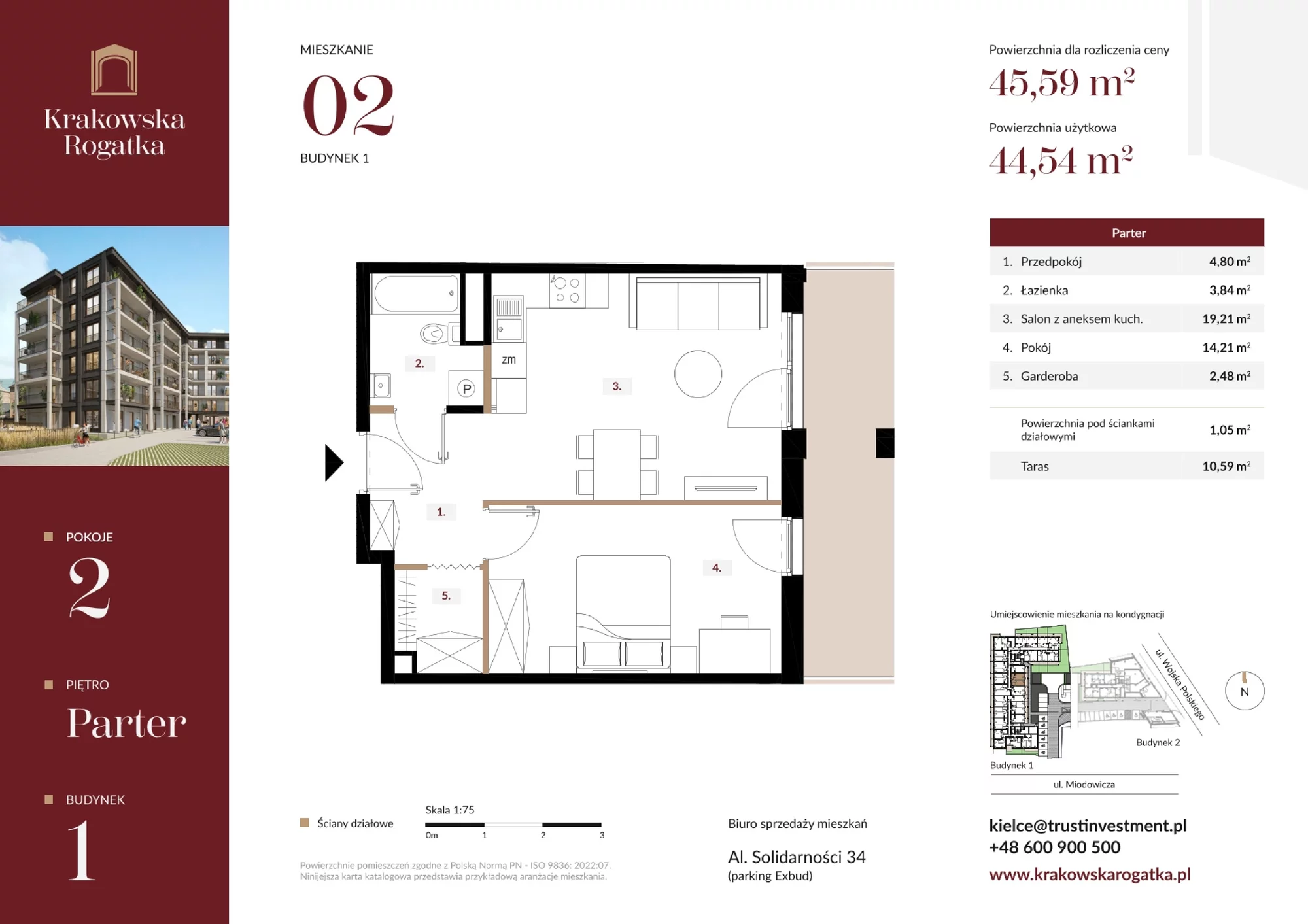 Mieszkanie 45,59 m², parter, oferta nr Budynek 1 Mieszkanie 2, Krakowska Rogatka, Kielce, Centrum, ul. Miodowicza 1