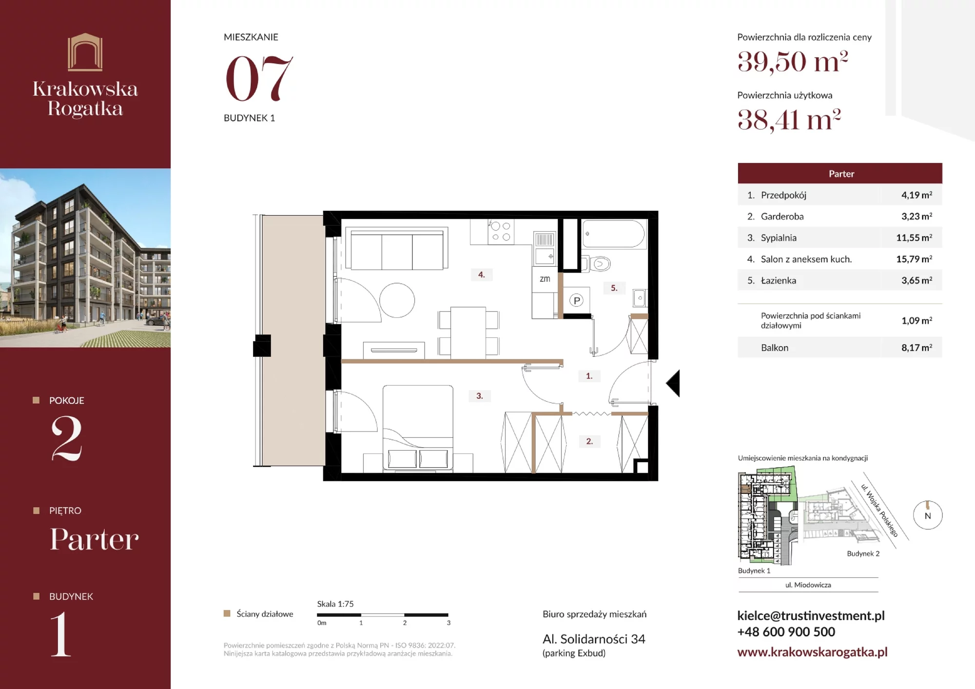 Mieszkanie 39,50 m², parter, oferta nr Budynek 1 Mieszkanie 7, Krakowska Rogatka, Kielce, Centrum, ul. Miodowicza 1