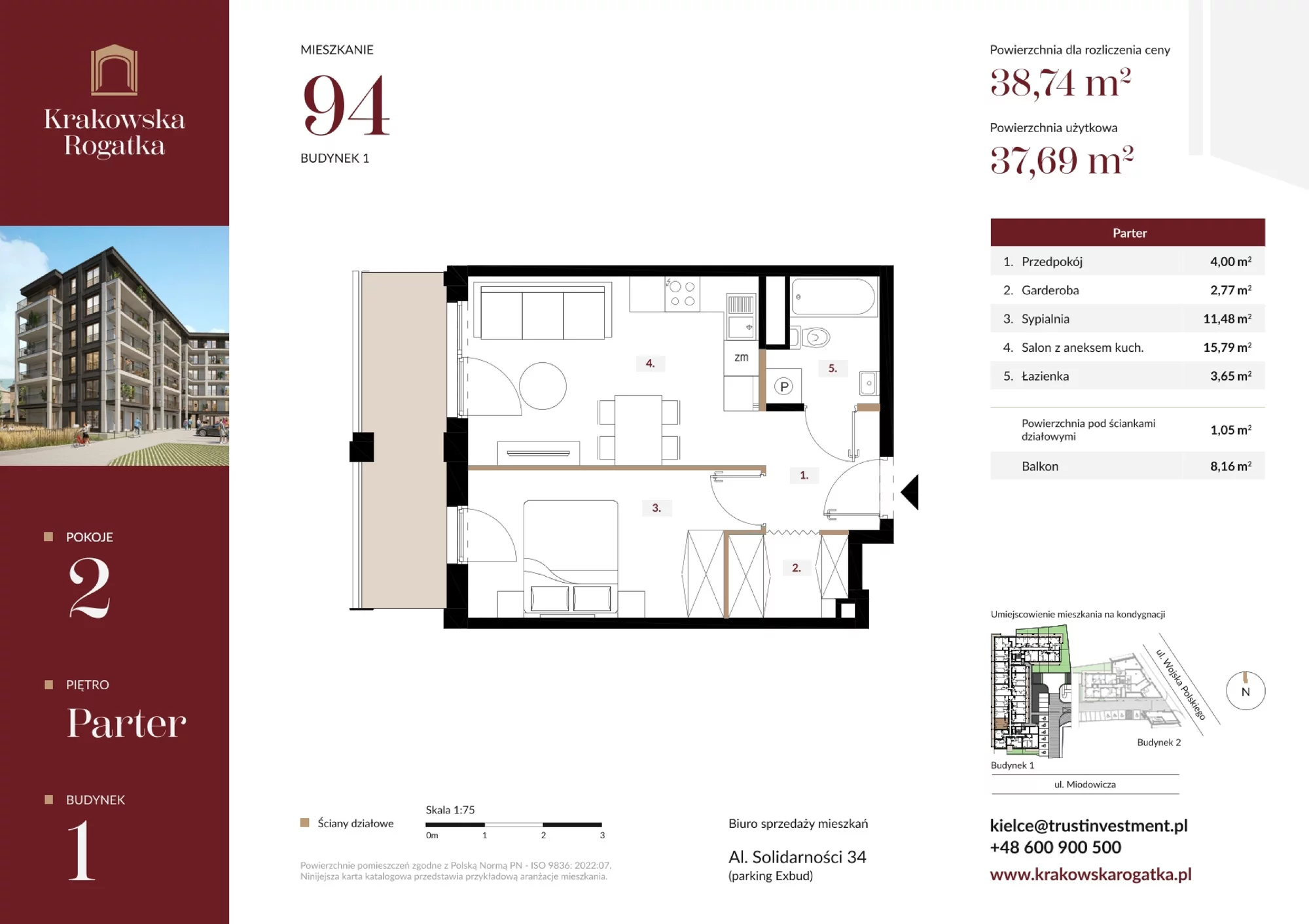 Mieszkanie 38,74 m², parter, oferta nr Budynek 1 Mieszkanie 94, Krakowska Rogatka, Kielce, Centrum, ul. Miodowicza 1