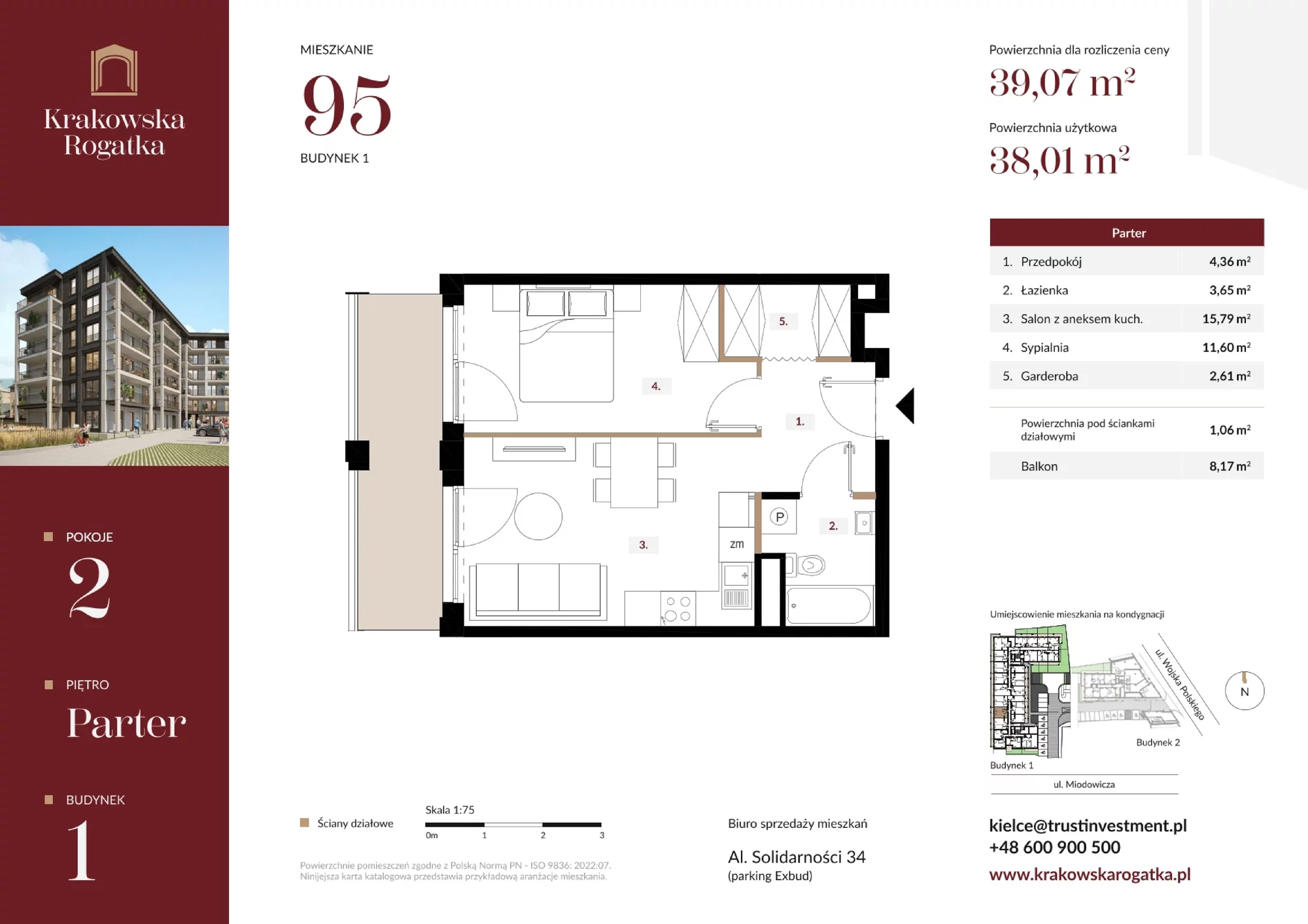 2 pokoje, mieszkanie 39,07 m², parter, oferta nr Budynek 1 Mieszkanie 95, Krakowska Rogatka, Kielce, Centrum, ul. Miodowicza 1