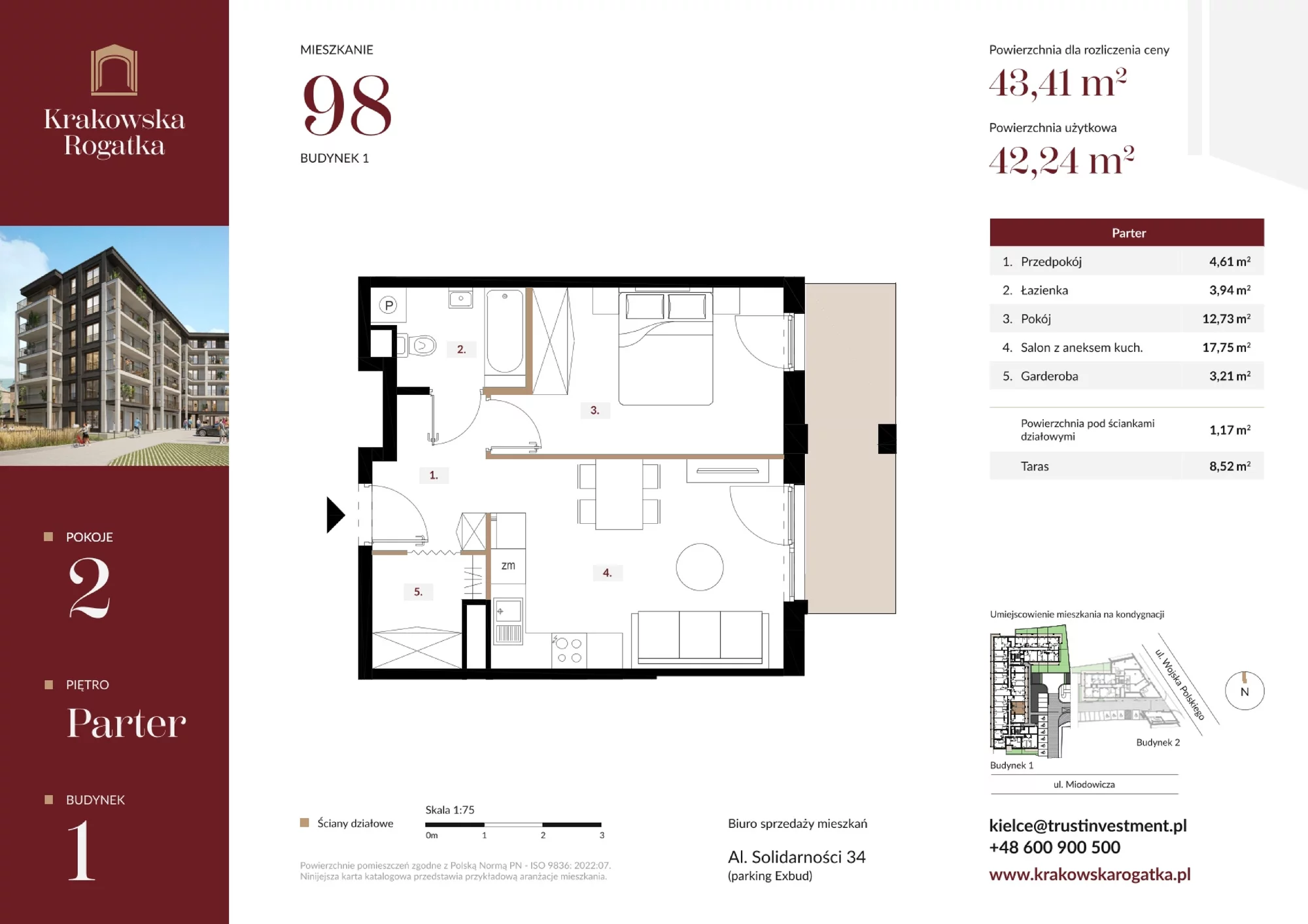 Mieszkanie 43,41 m², parter, oferta nr Budynek 1 Mieszkanie 98, Krakowska Rogatka, Kielce, Centrum, ul. Miodowicza 1