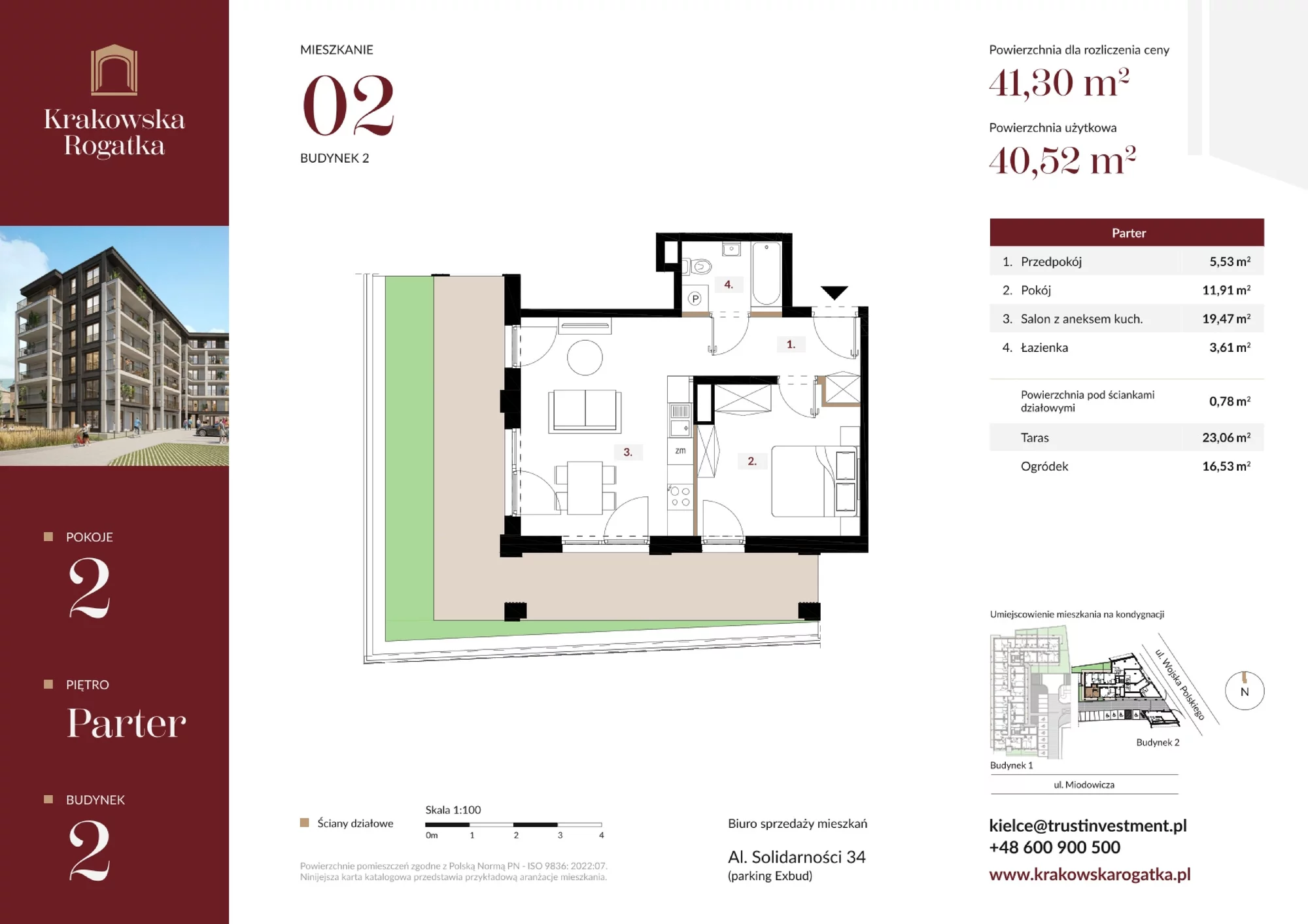 Mieszkanie 41,30 m², parter, oferta nr Budynek 2 Mieszkanie 2, Krakowska Rogatka, Kielce, Centrum, ul. Miodowicza 1