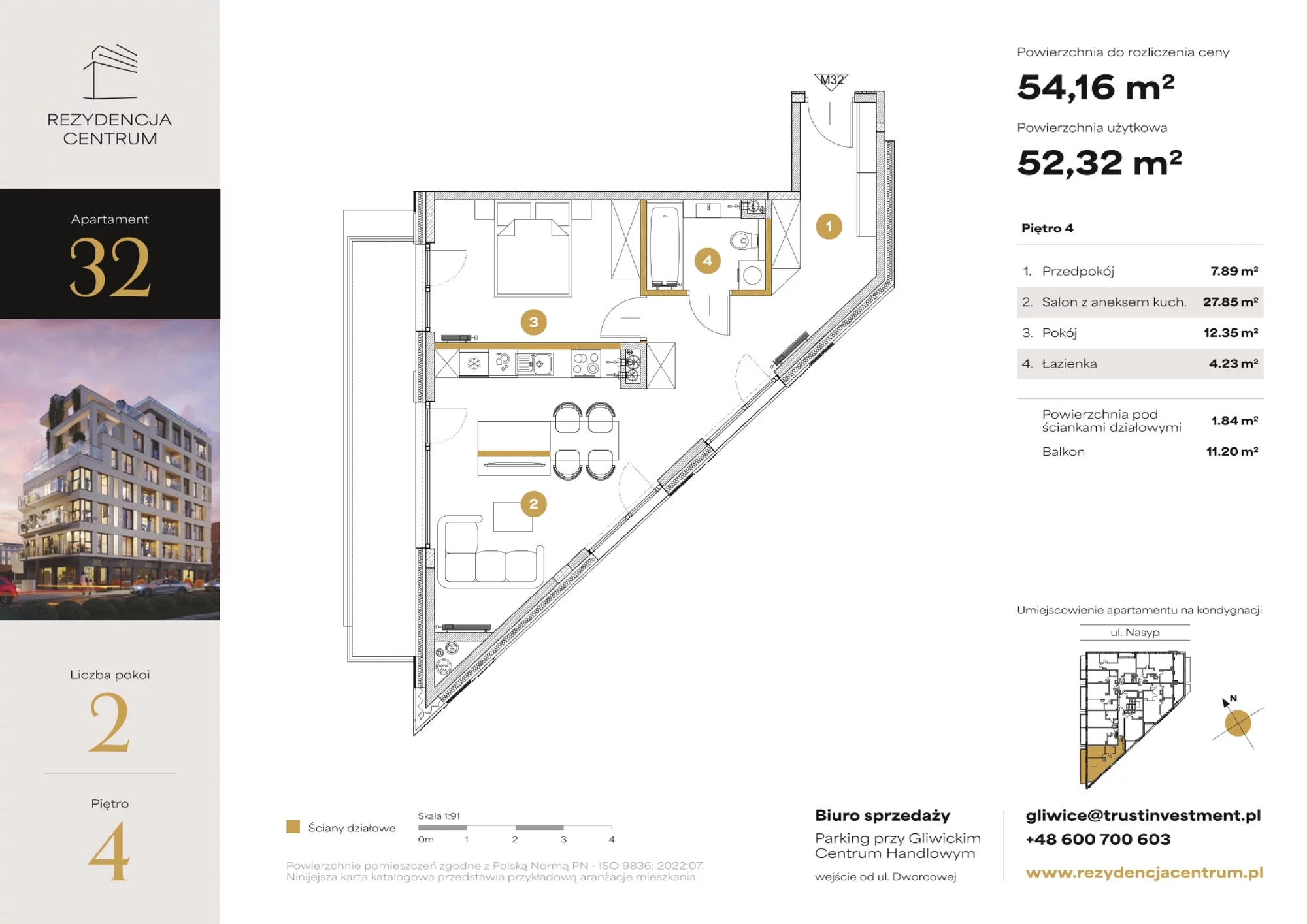 2 pokoje, mieszkanie 54,16 m², piętro 4, oferta nr M32, Rezydencja Centrum, Gliwice, Śródmieście, ul. Nasyp 2C