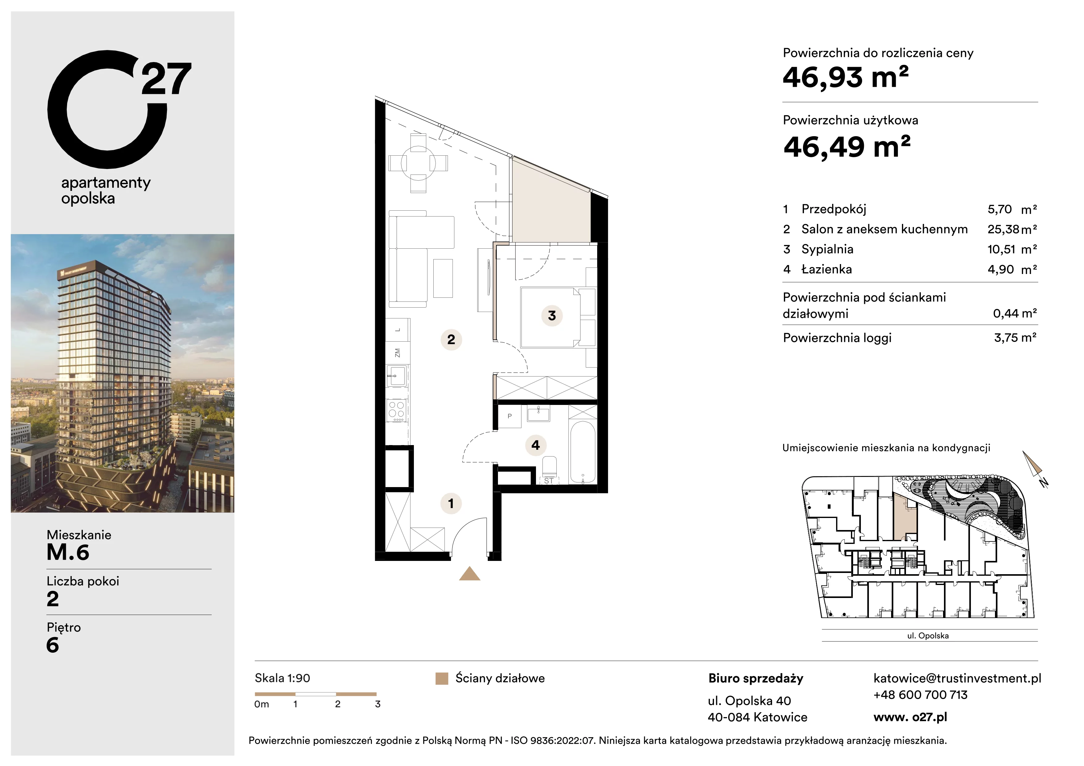 2 pokoje, apartament 46,93 m², piętro 6, oferta nr M.6, O27 Apartamenty Opolska, Katowice, Śródmieście, ul. Opolska 27
