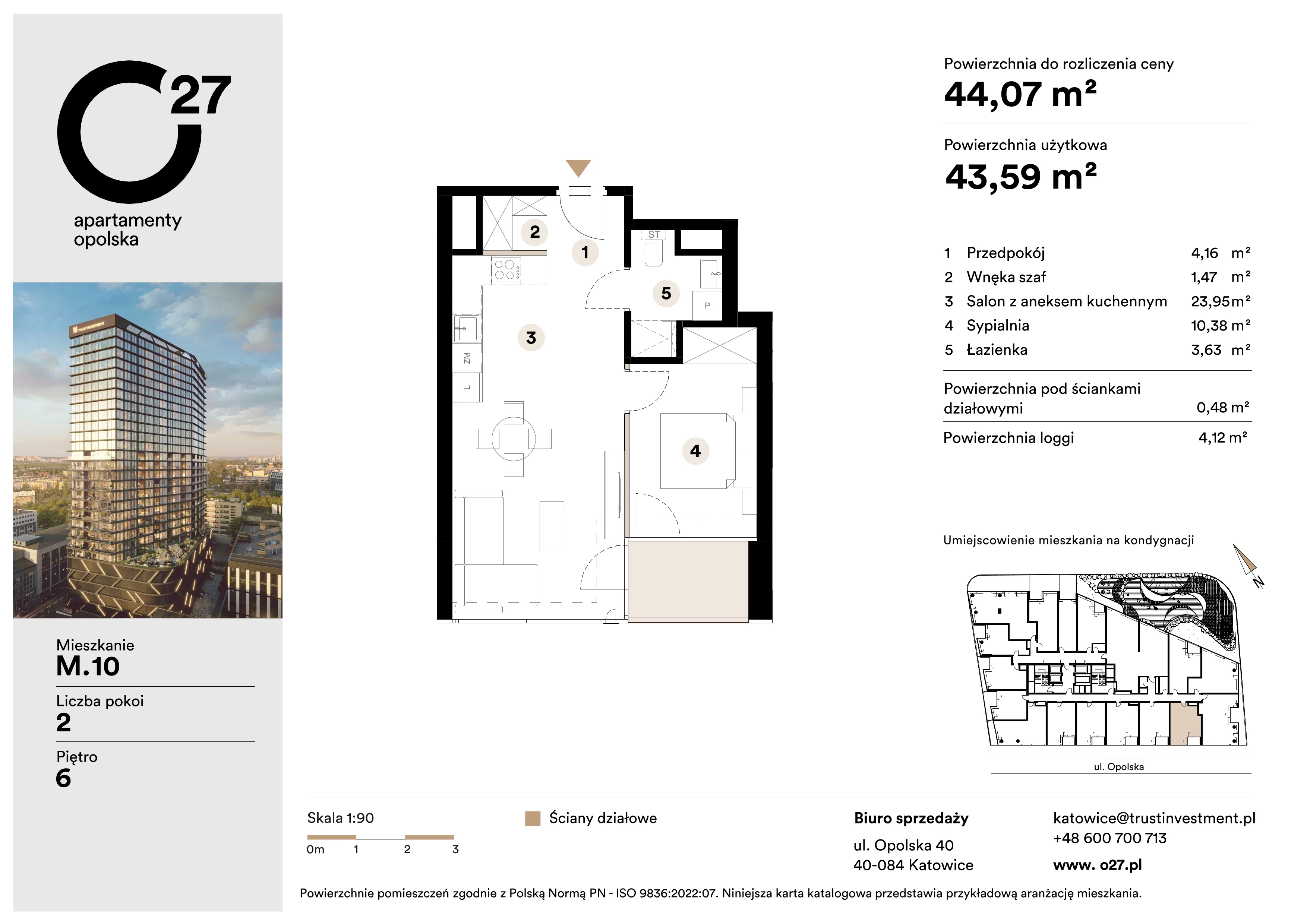 2 pokoje, mieszkanie 44,07 m², piętro 6, oferta nr M.10, O27 Apartamenty Opolska, Katowice, Śródmieście, ul. Opolska 27