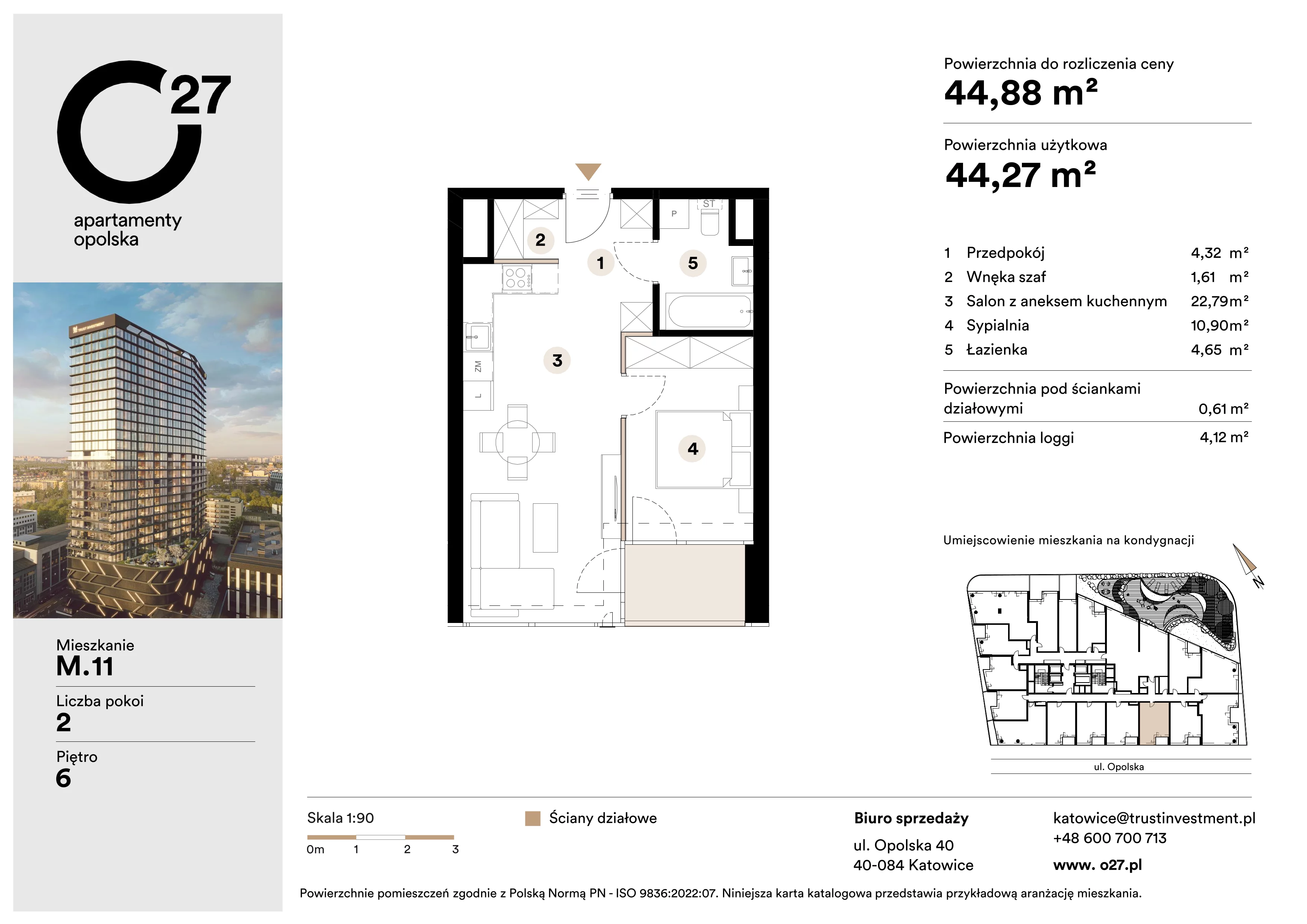 2 pokoje, apartament 44,88 m², piętro 6, oferta nr M.11, O27 Apartamenty Opolska, Katowice, Śródmieście, ul. Opolska 27