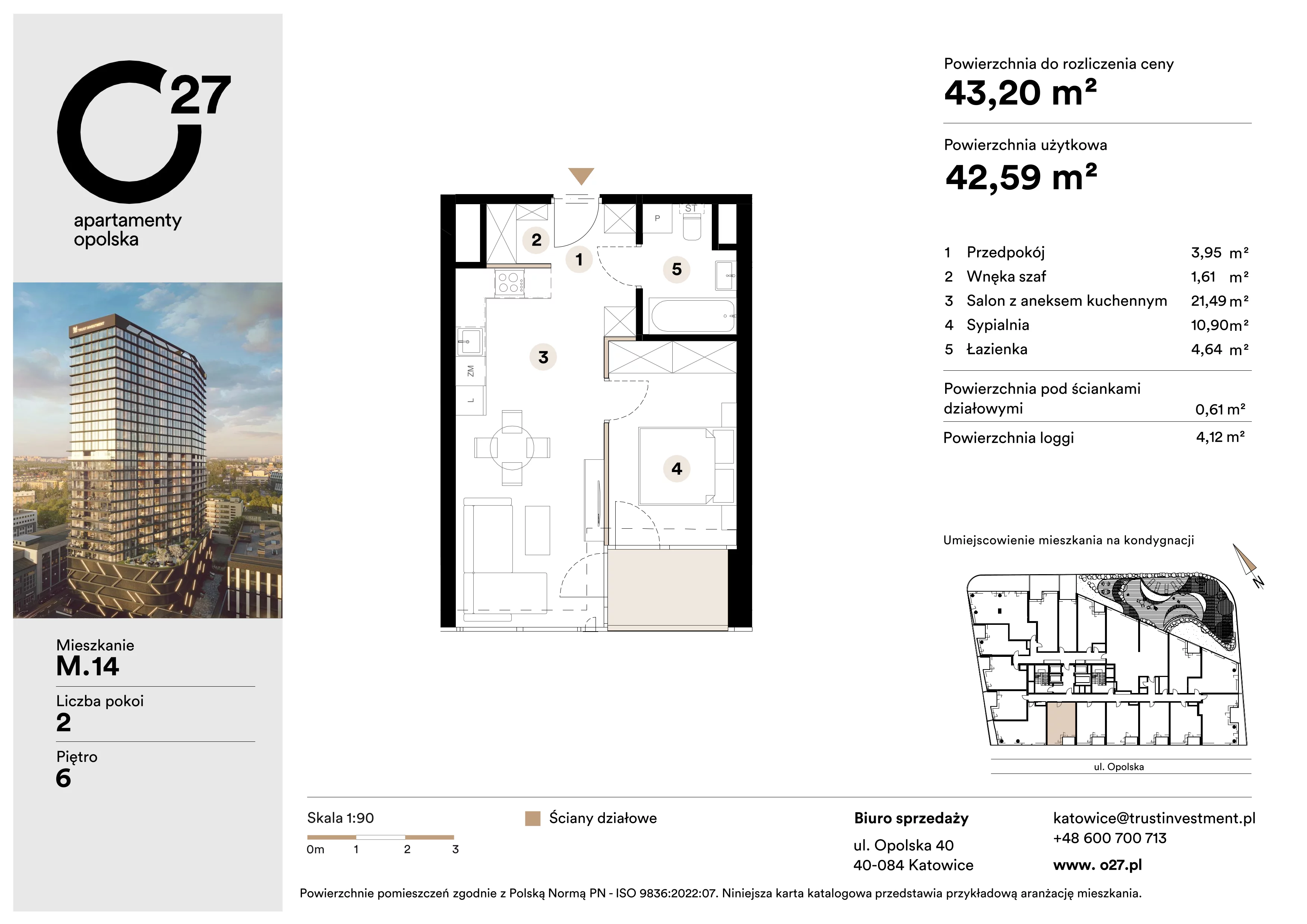 2 pokoje, apartament 43,20 m², piętro 6, oferta nr M.14, O27 Apartamenty Opolska, Katowice, Śródmieście, ul. Opolska 27